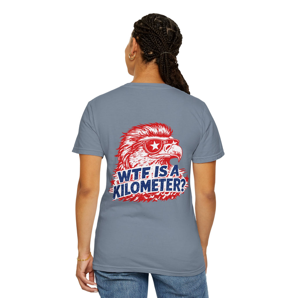 WTF Is a Kilometer? Graphic T‑Shirt — Retro Eagle Patriotic Travel Humor