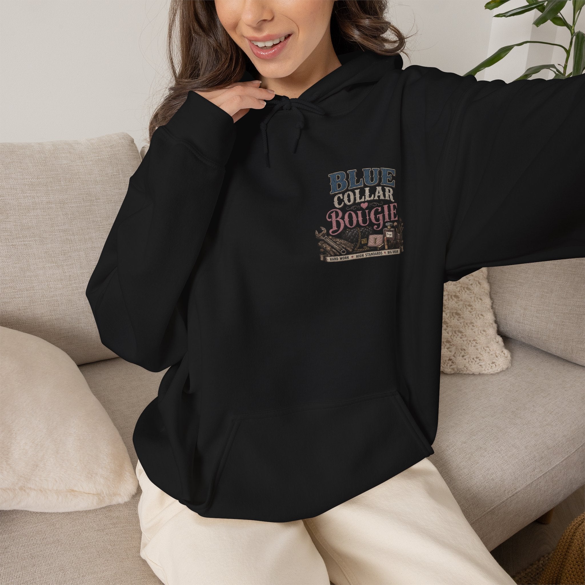Blue Collar Bougie Hoodie — Rustic Workwear Graphic Pullover
