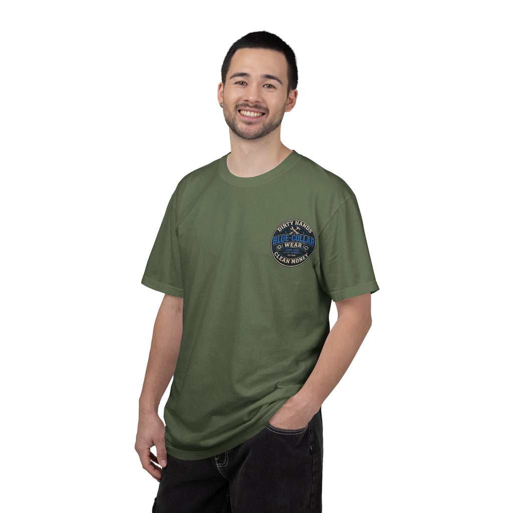 Blue-Collar T-Shirt — "Dirty Hands, Clean Money" Workwear Graphic Tee