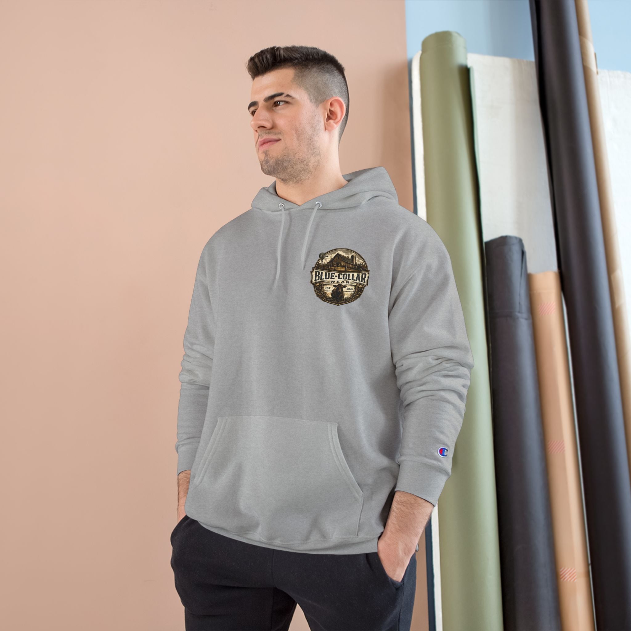 Blue-Collar Wear RANCHER Shield Hoodie — Vintage Workwear Logo Pullover