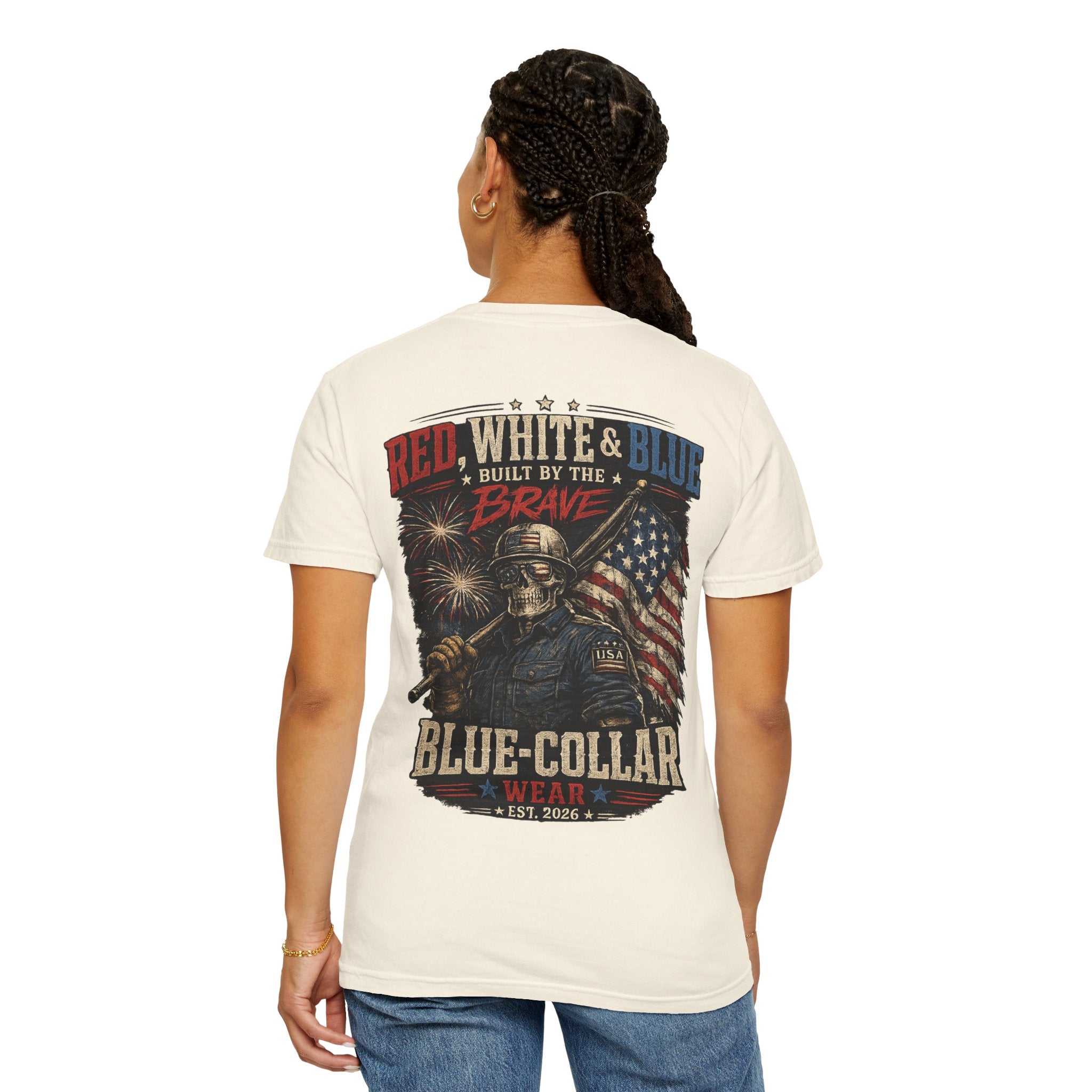 Blue-Collar Wear Patriotic T-Shirt — “Red, White & Blue Built by the Brave”
