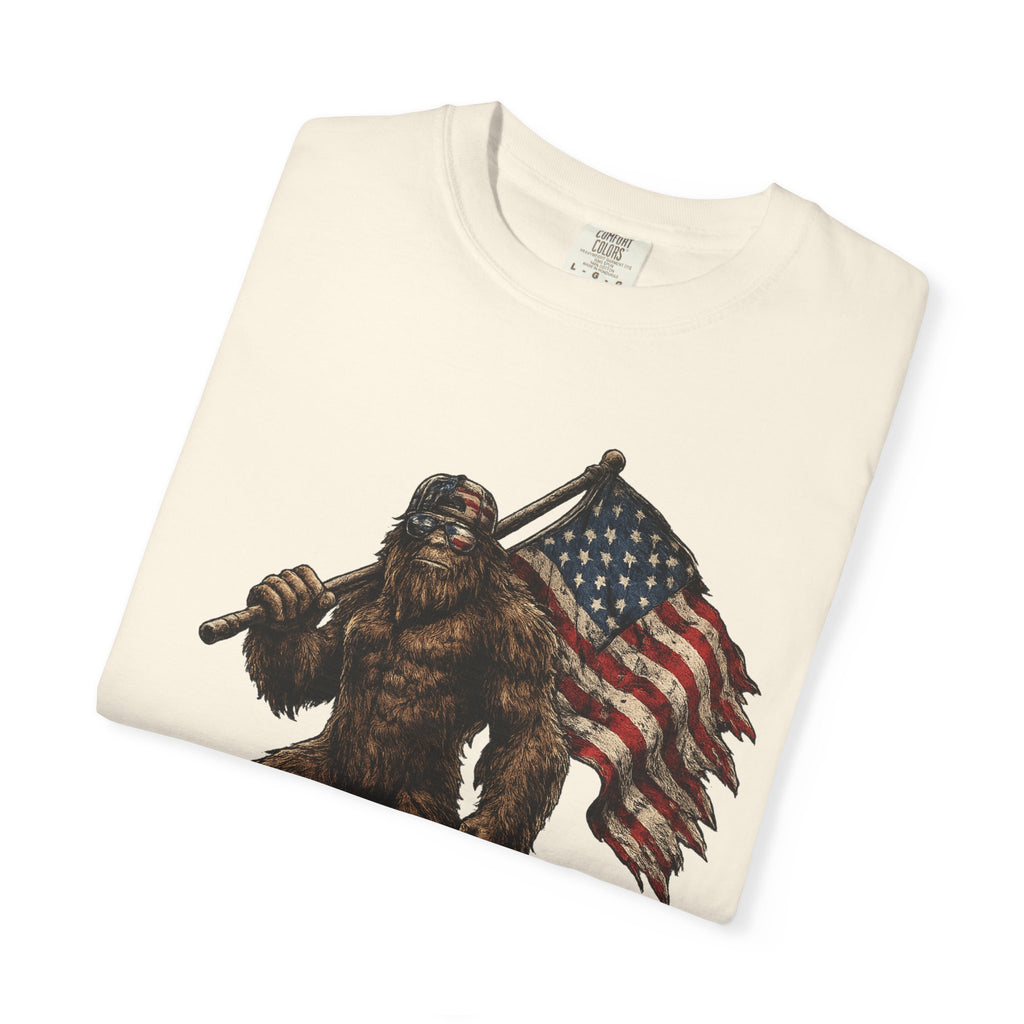 'Merica Bigfoot Flag T-Shirt — Patriotic Sasquatch Americana Tee