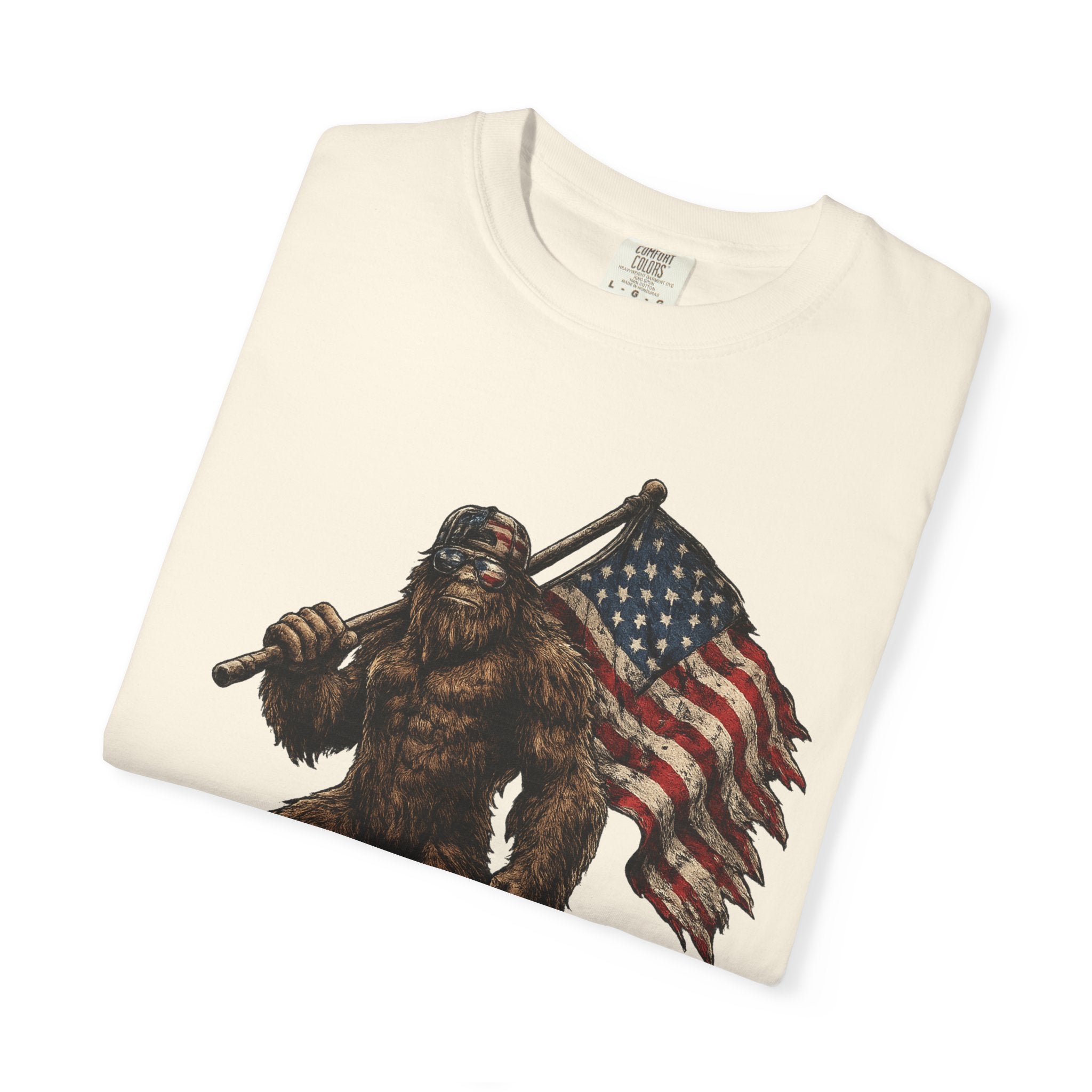 'Merica Bigfoot Flag T-Shirt — Patriotic Sasquatch Americana Tee