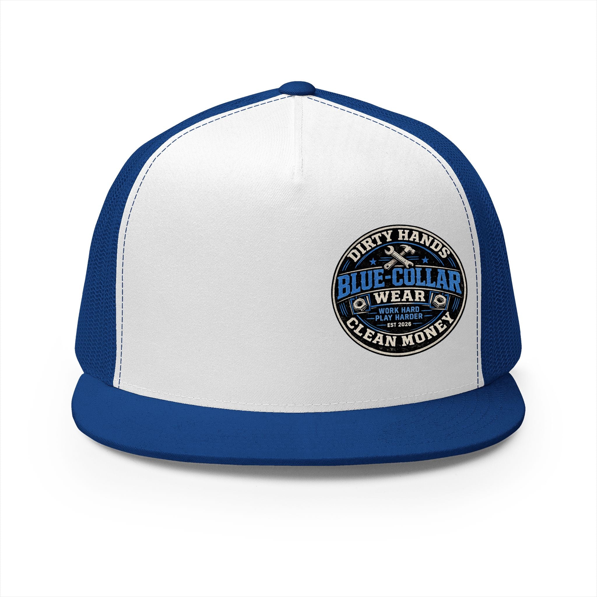 Blue-Collar Workwear Trucker Cap — "Dirty Hands Clean Money" Patch
