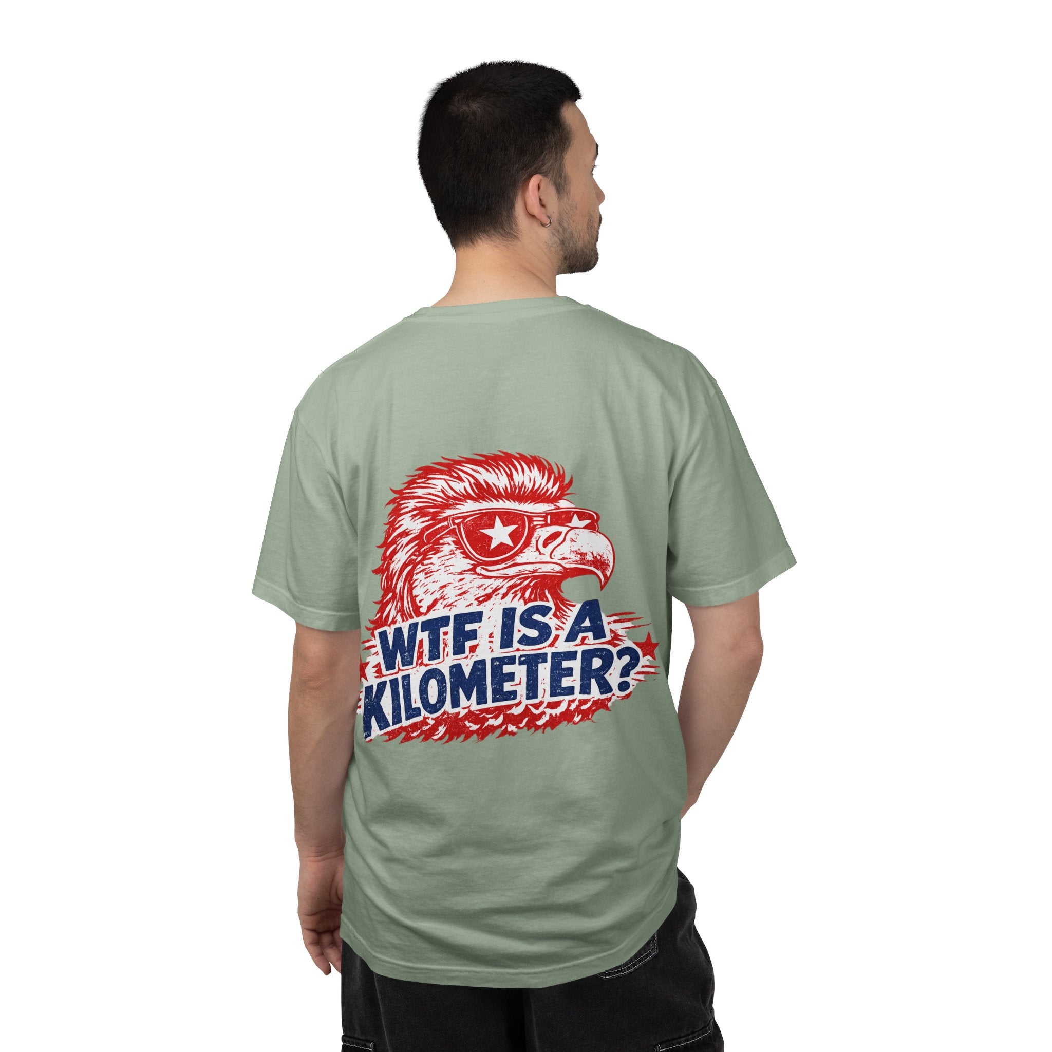 WTF Is a Kilometer? Graphic T‑Shirt — Retro Eagle Patriotic Travel Humor