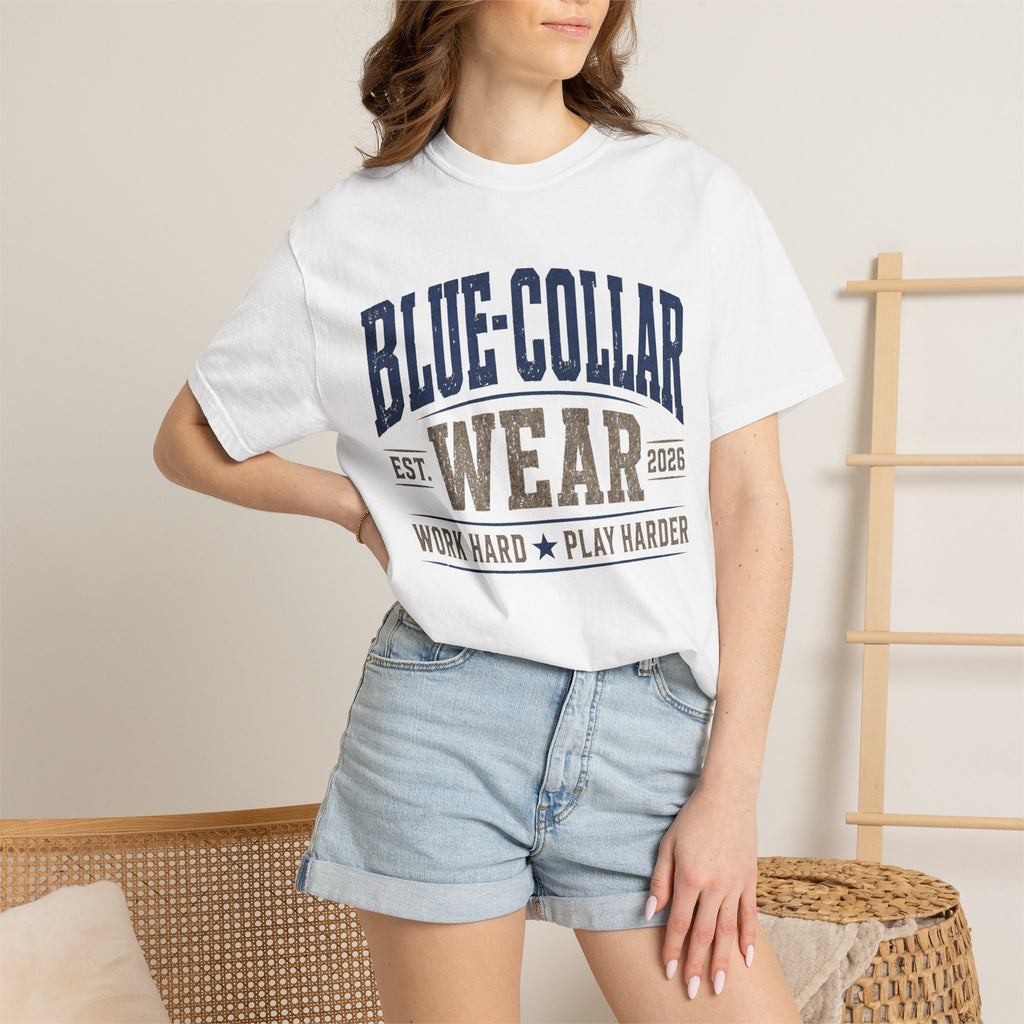 Blue-Collar Wear T-Shirt — "Work Hard • Play Harder" Retro Workwear Tee