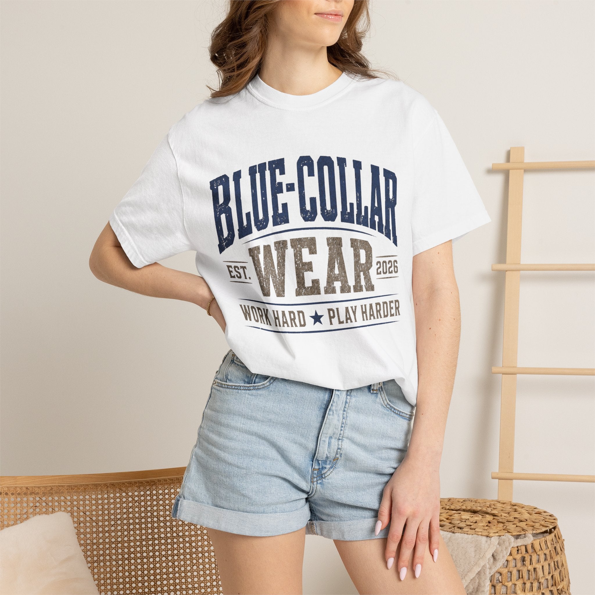 Blue-Collar Wear T-Shirt — "Work Hard • Play Harder" Retro Workwear Tee