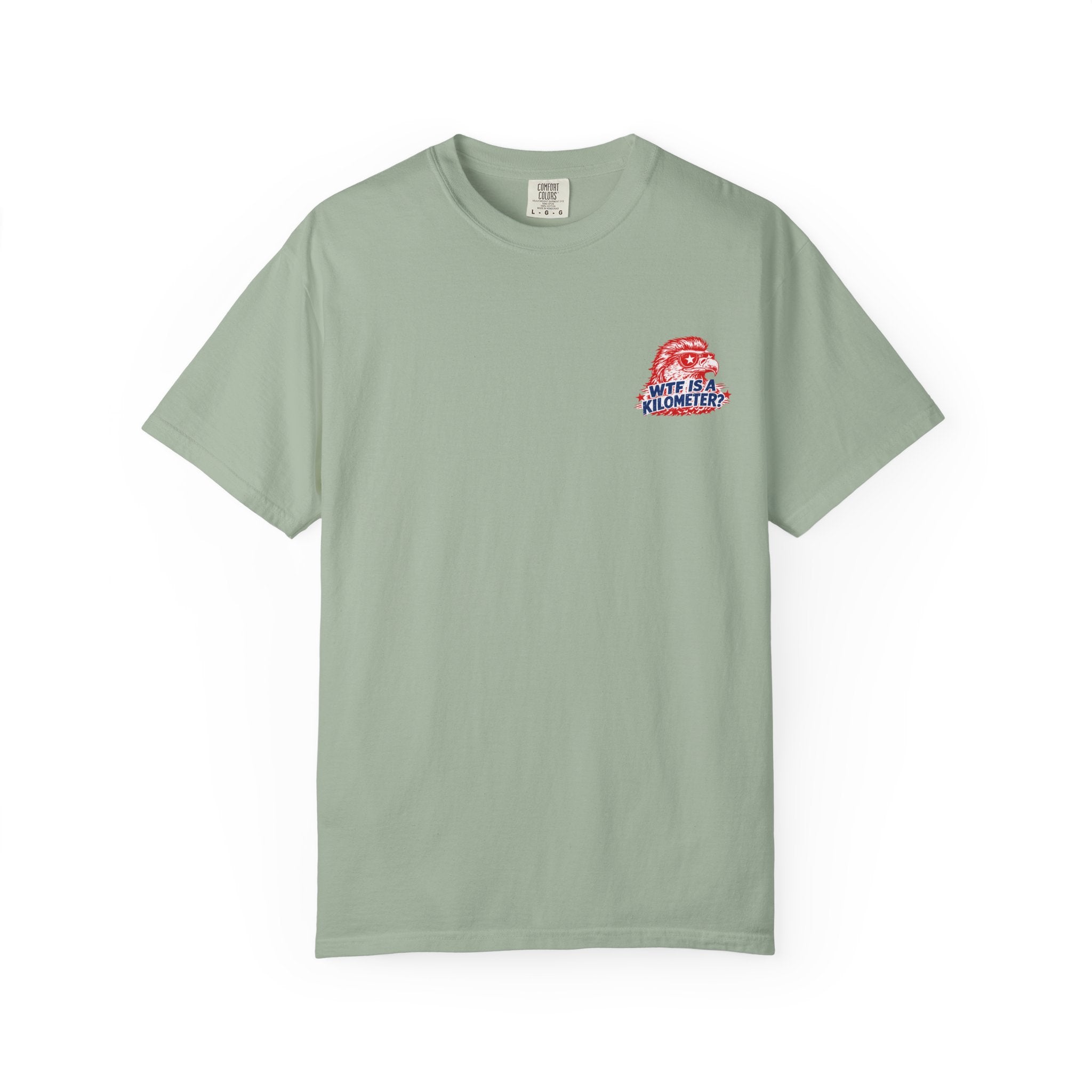 WTF Is a Kilometer? Graphic T‑Shirt — Retro Eagle Patriotic Travel Humor
