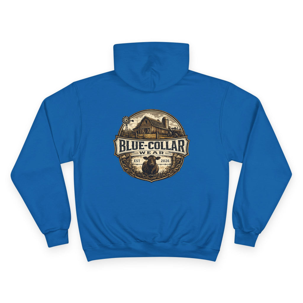 Blue-Collar Wear RANCHER Shield Hoodie — Vintage Workwear Logo Pullover