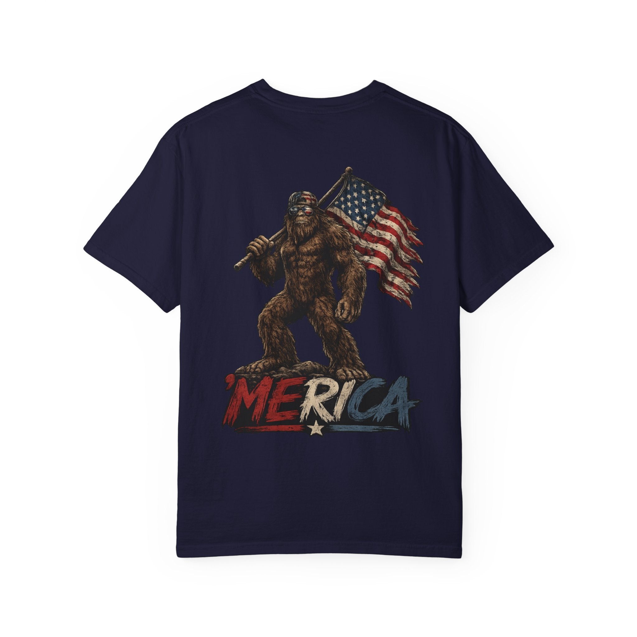 Merica Bigfoot Flag T-Shirt — 'Blue Collar' Patriotic Graphic Tee
