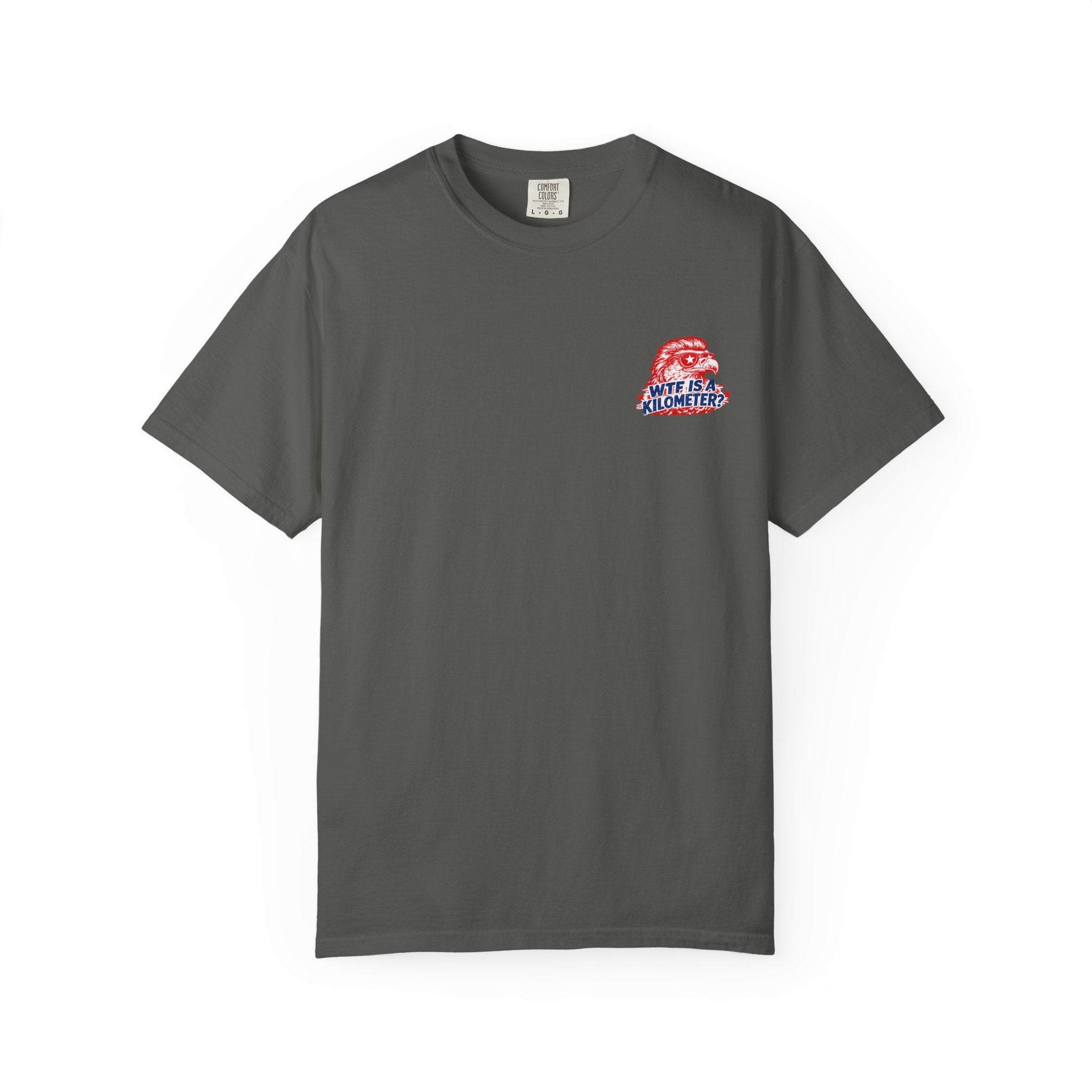 WTF Is a Kilometer? Graphic T‑Shirt — Retro Eagle Patriotic Travel Humor