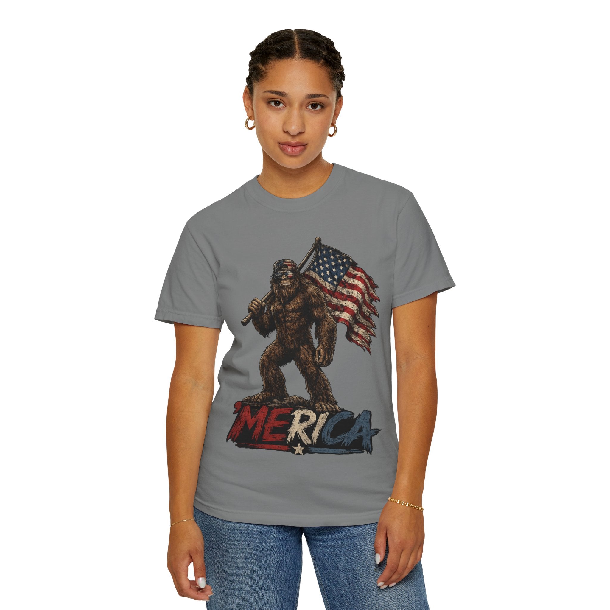 'Merica Bigfoot Flag T-Shirt — Patriotic Sasquatch Americana Tee