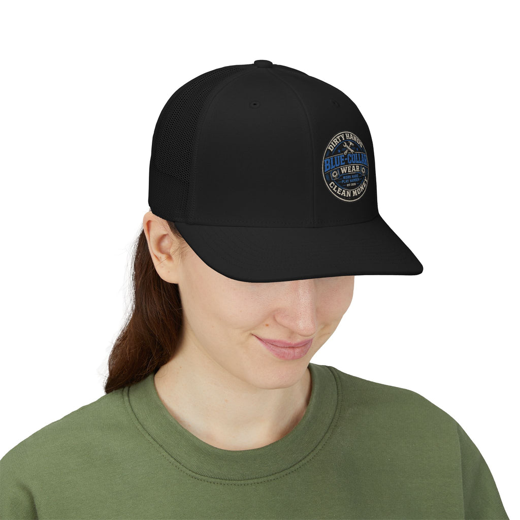 Blue Collar Trucker Snapback Cap — "Blue Collar Wear" Patch Mesh Hat