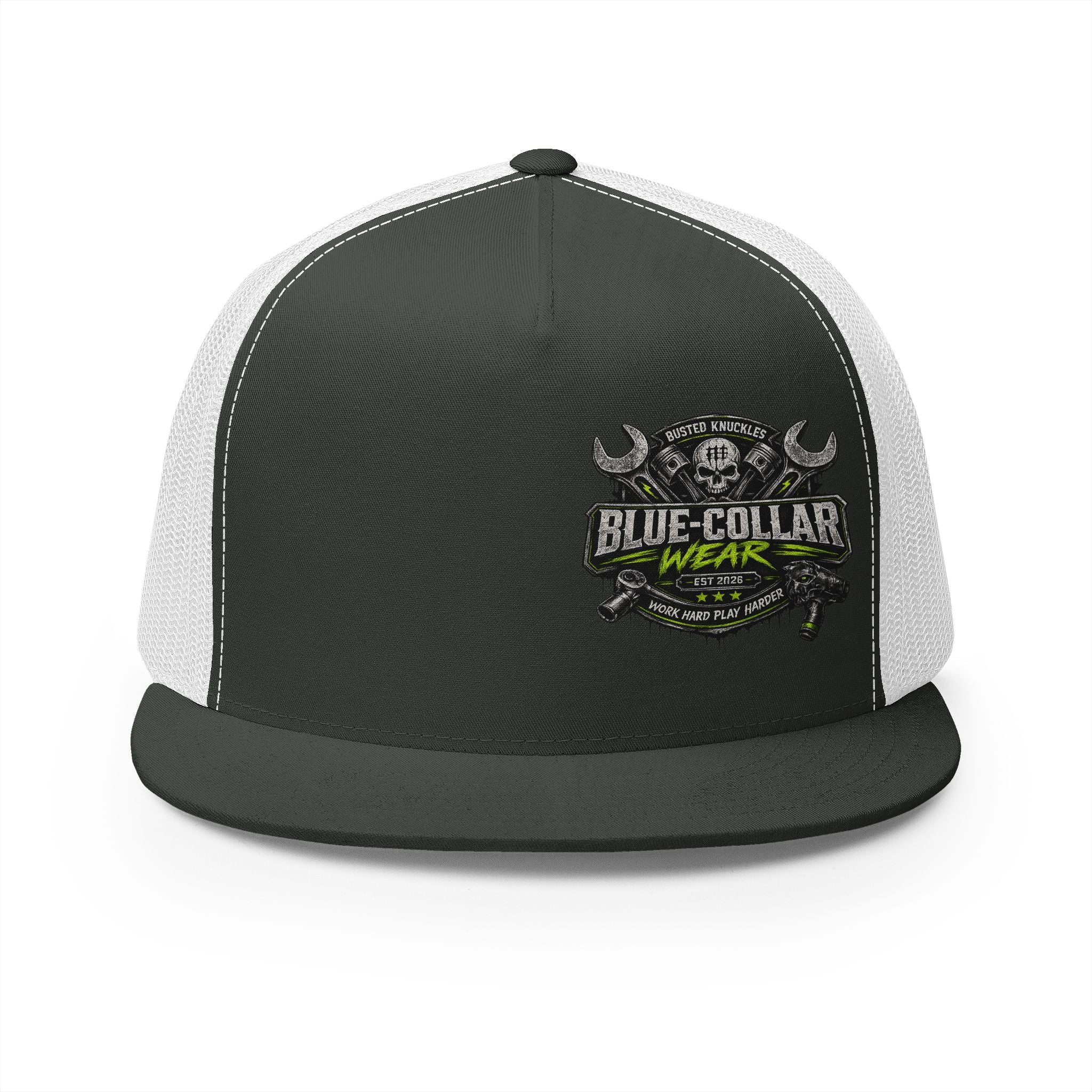 Blue Collar Wear Trucker Cap Mechanic — Workwear Skull Logo Mesh Snapback