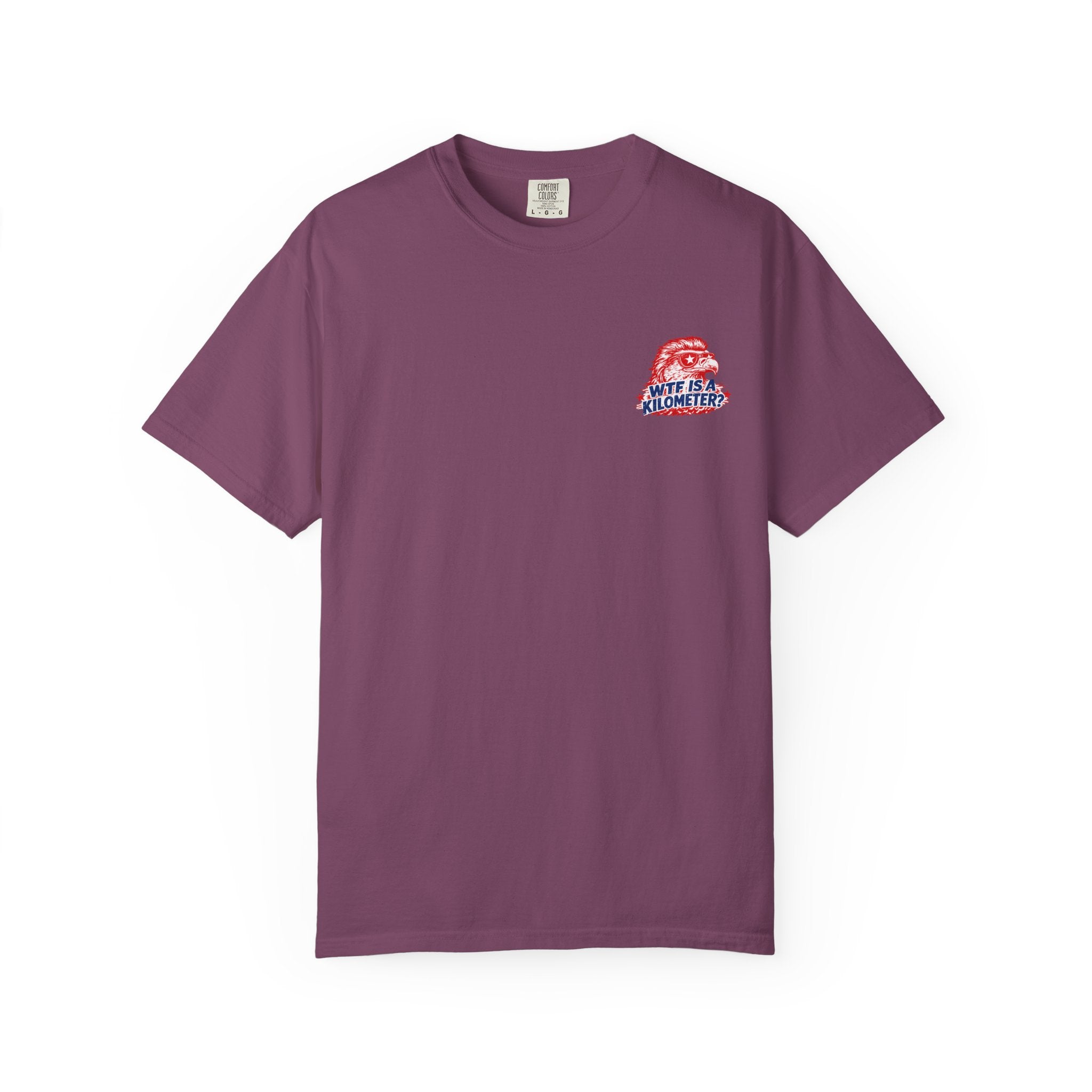 WTF Is a Kilometer? Graphic T‑Shirt — Retro Eagle Patriotic Travel Humor