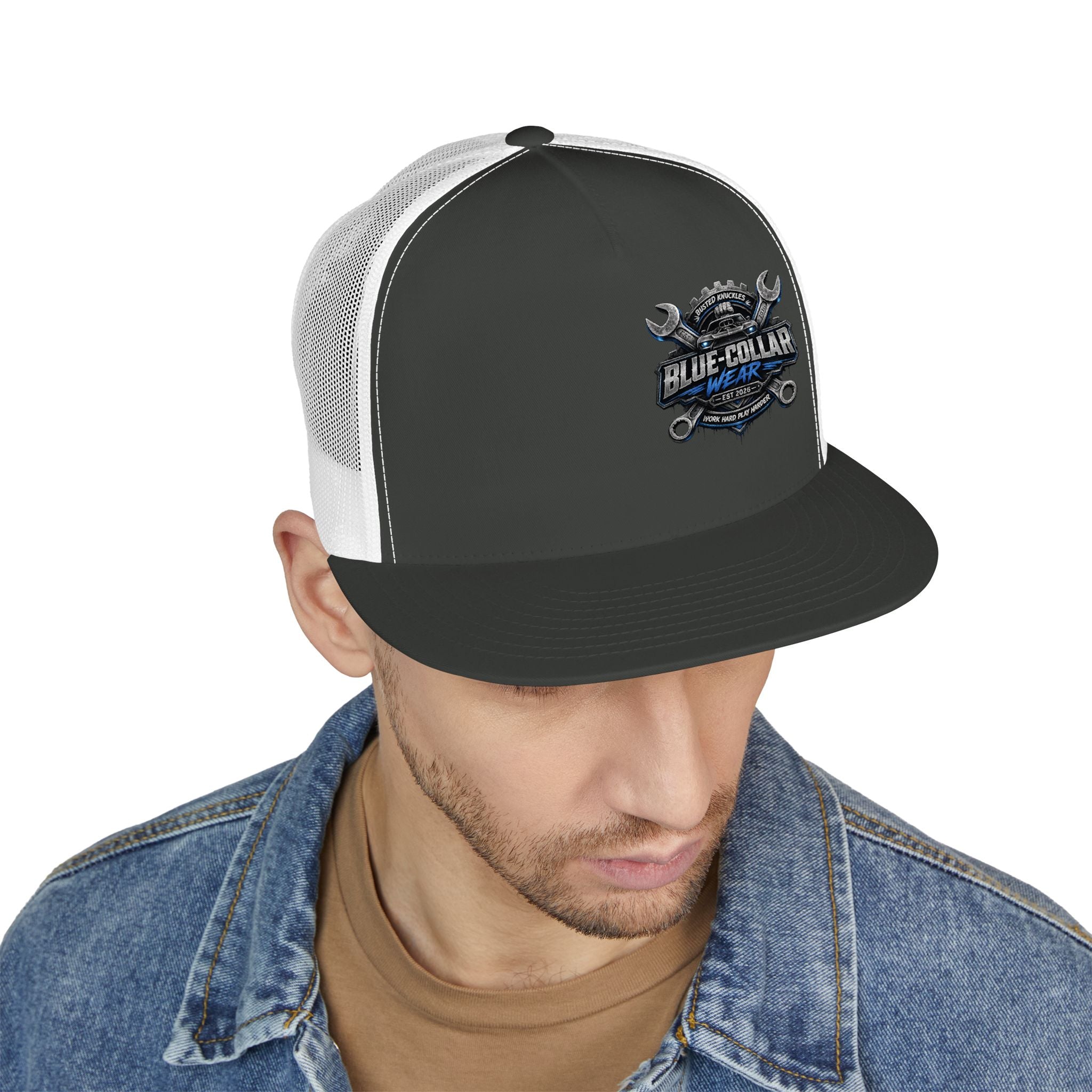 Blue-Collar Wear Trucker Cap — Vintage Mechanic Logo Snapback