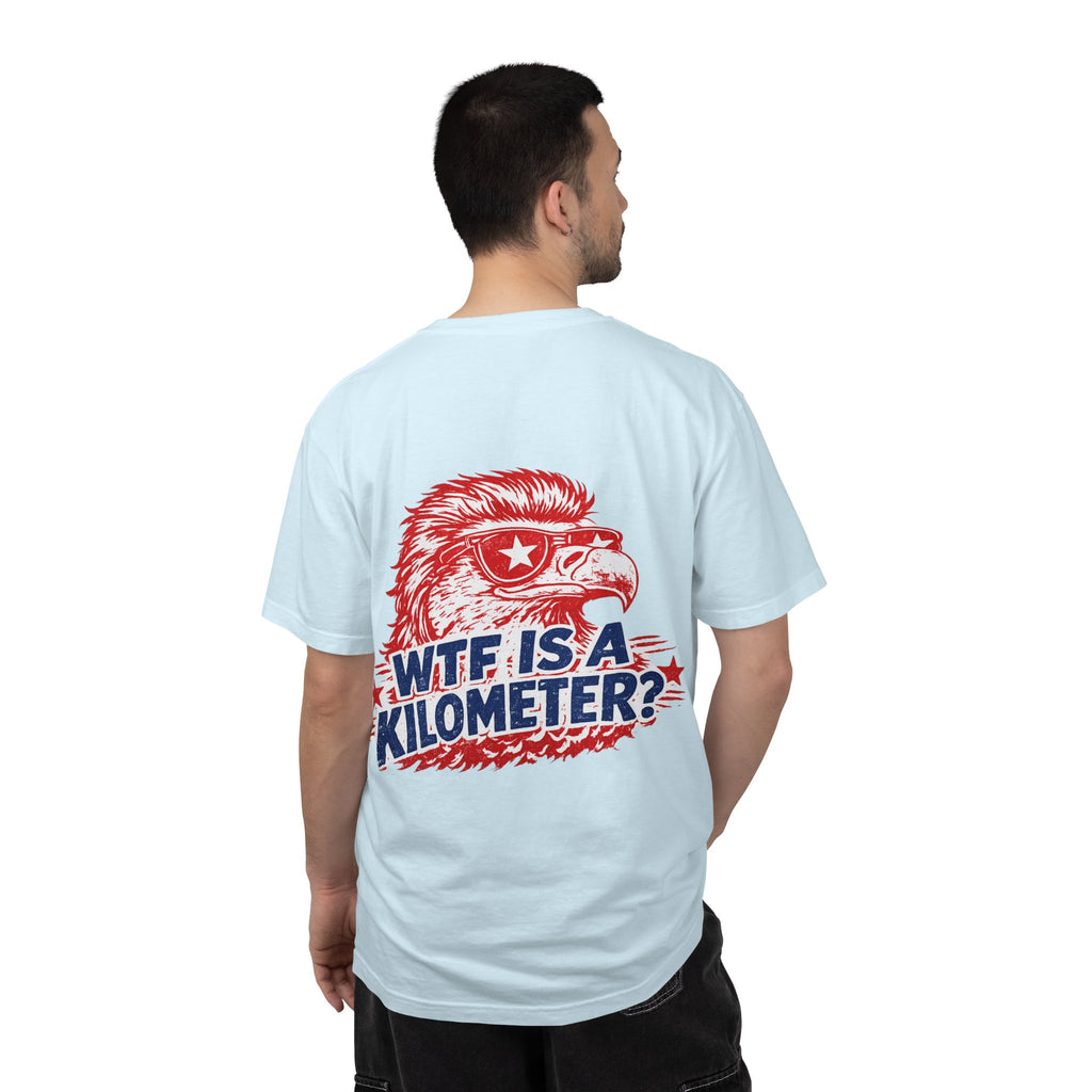 WTF Is a Kilometer? Graphic T‑Shirt — Retro Eagle Patriotic Travel Humor