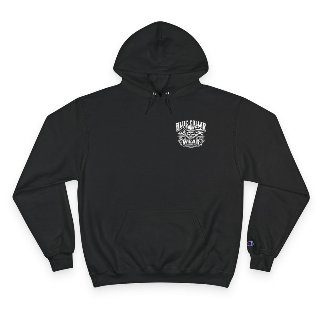 Champion Hoodie — Lineman with American Flag & Tactical Skull Graphic