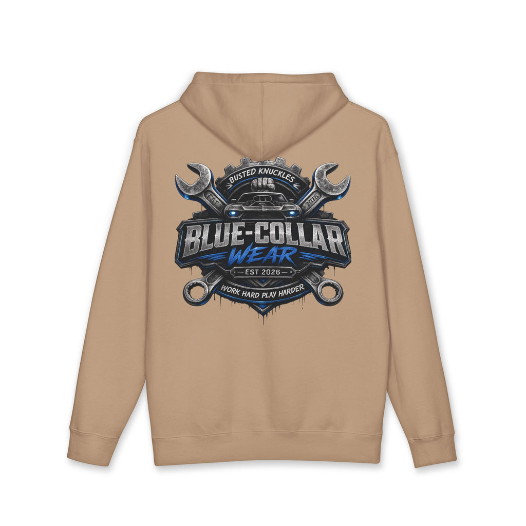 Blue-Collar Wear Hoodie — Mechanic Wrench Logo Workwear Pullover