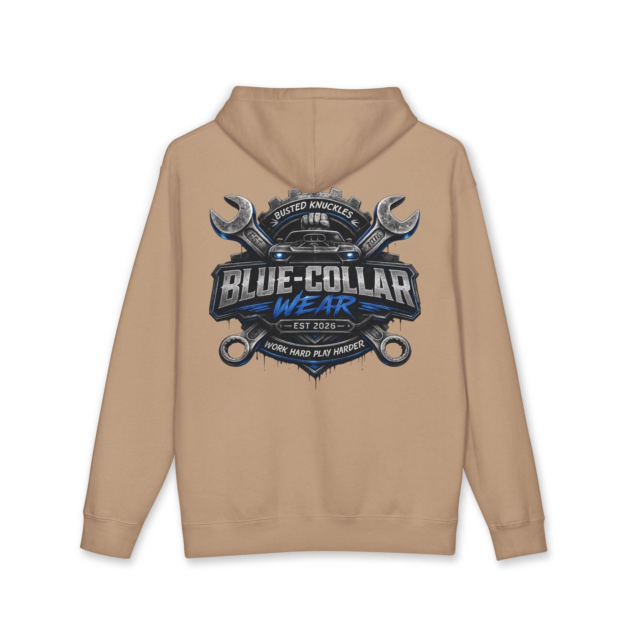Blue-Collar Wear Hoodie — Mechanic Wrench Logo Workwear Pullover