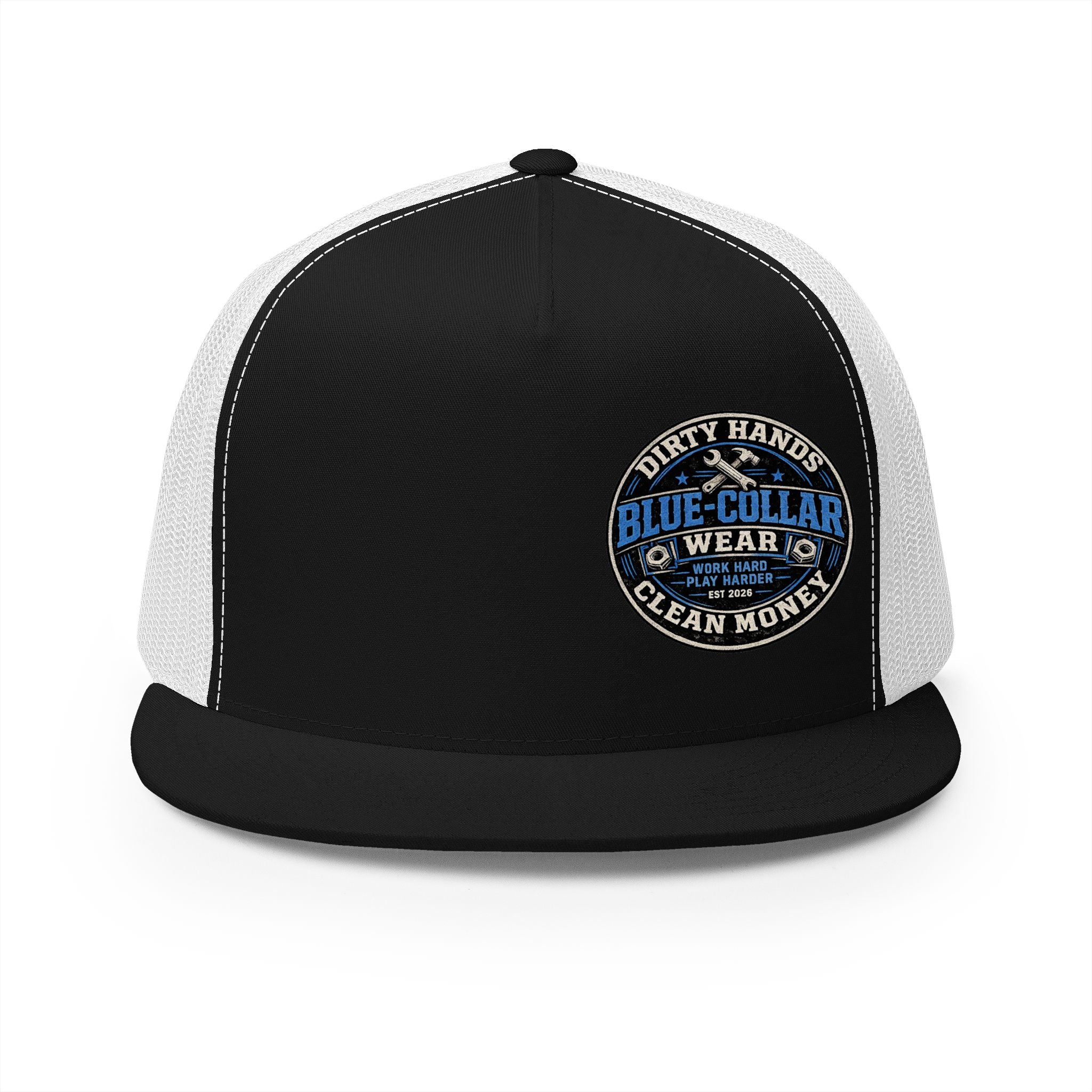 Blue-Collar Workwear Trucker Cap — "Dirty Hands Clean Money" Patch