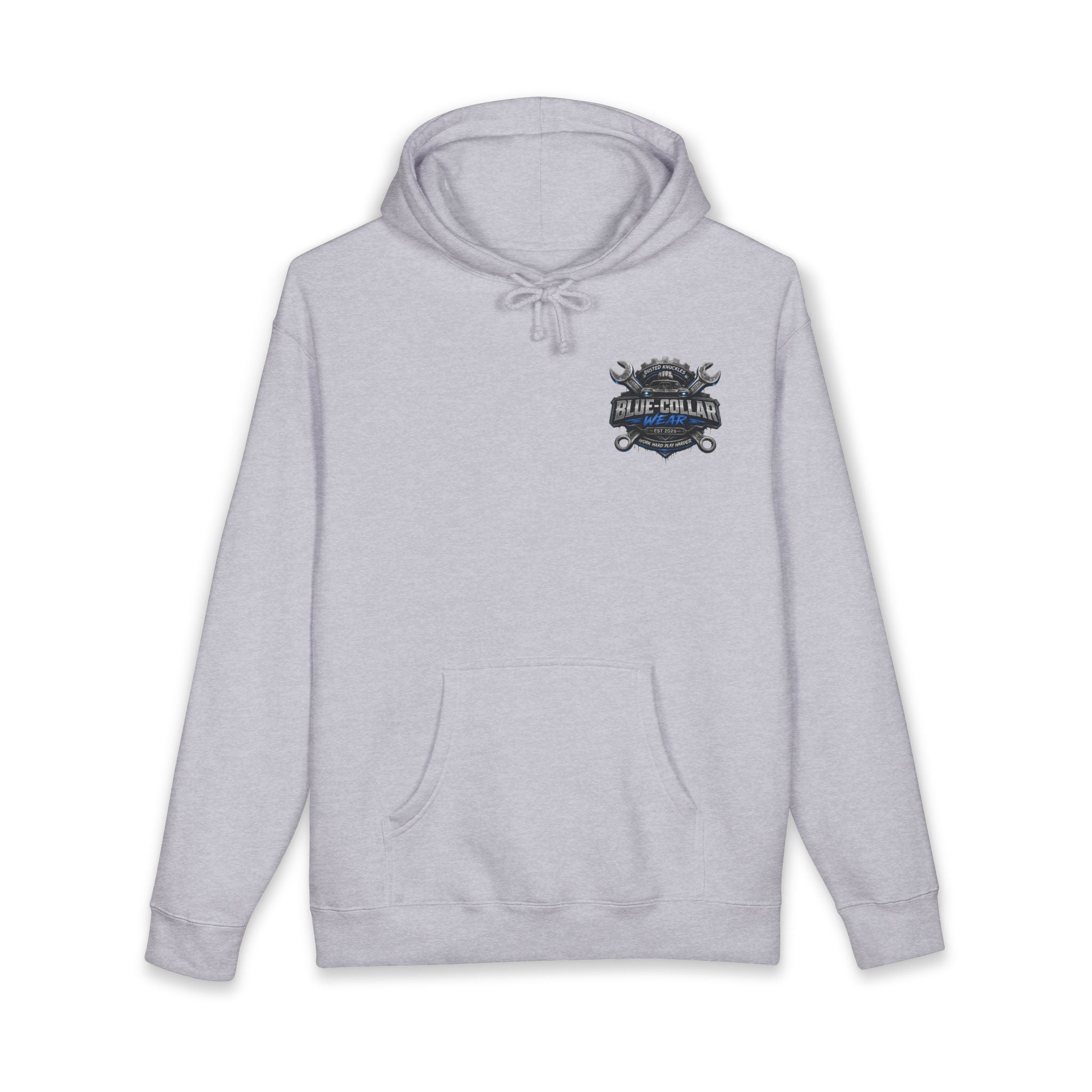 Blue-Collar Wear Hoodie — Mechanic Wrench Logo Workwear Pullover