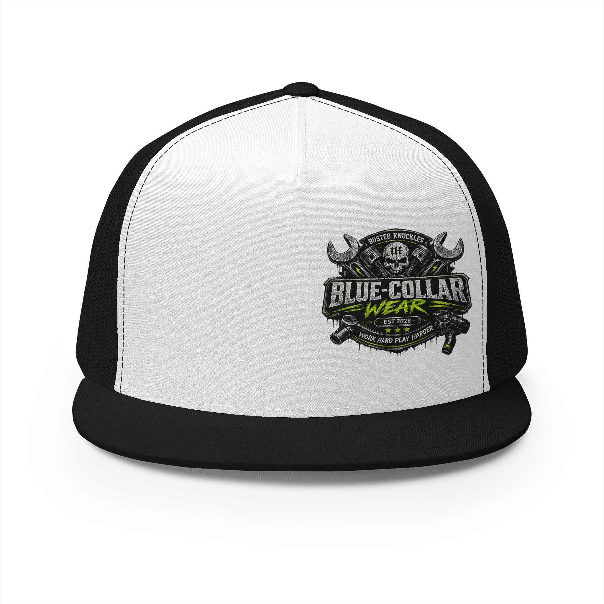Blue Collar Wear Trucker Cap Mechanic — Workwear Skull Logo Mesh Snapback