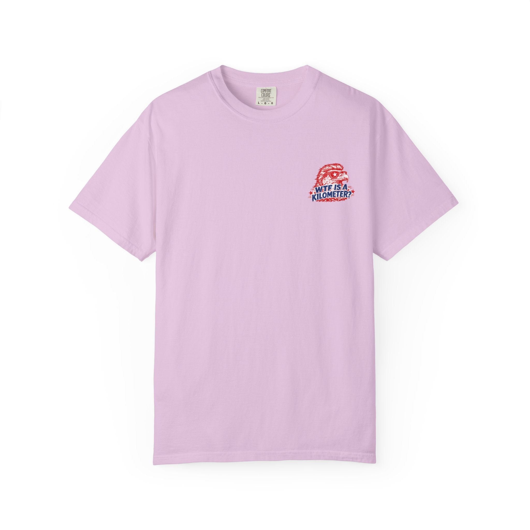 WTF Is a Kilometer? Graphic T‑Shirt — Retro Eagle Patriotic Travel Humor