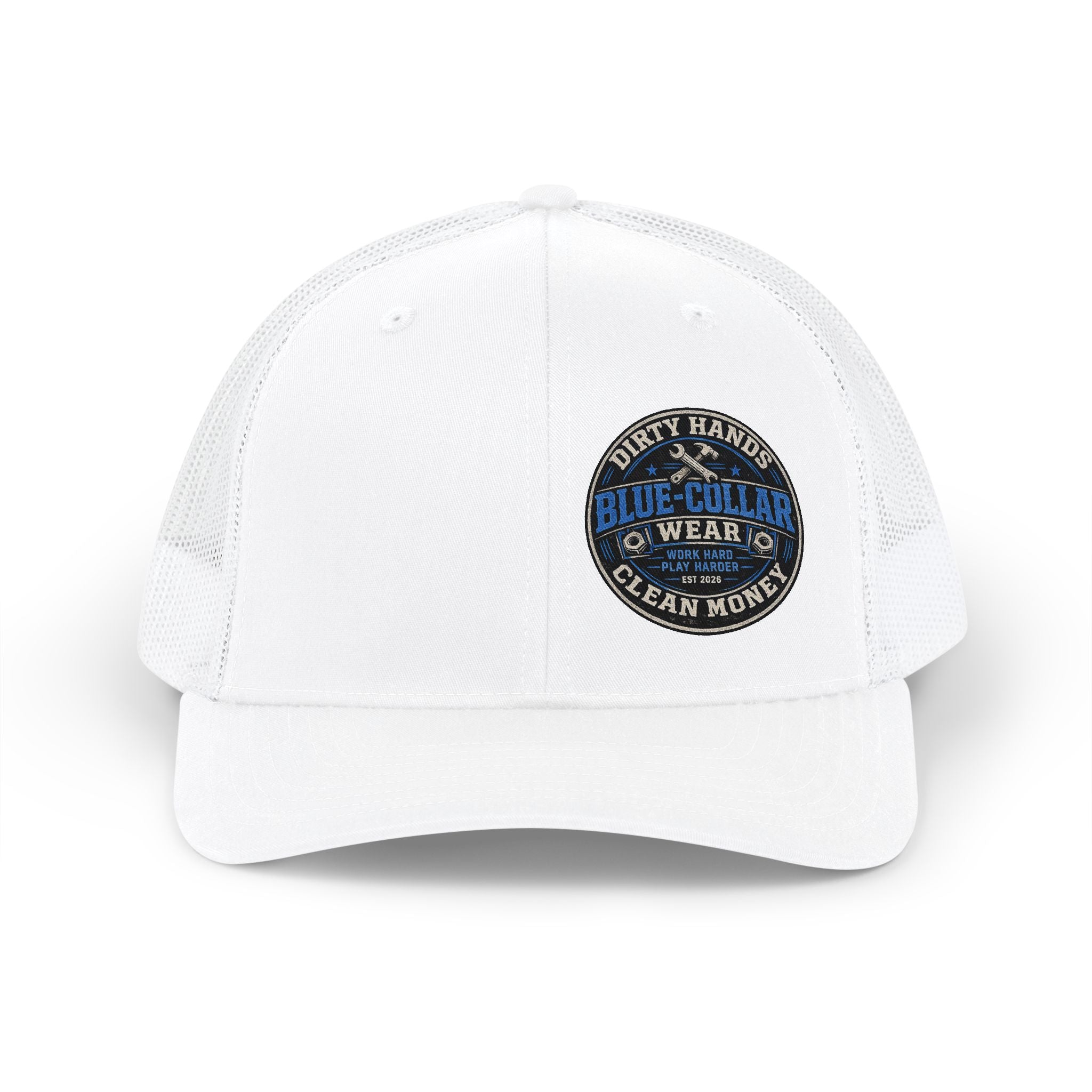 Blue Collar Trucker Snapback Cap — "Blue Collar Wear" Patch Mesh Hat