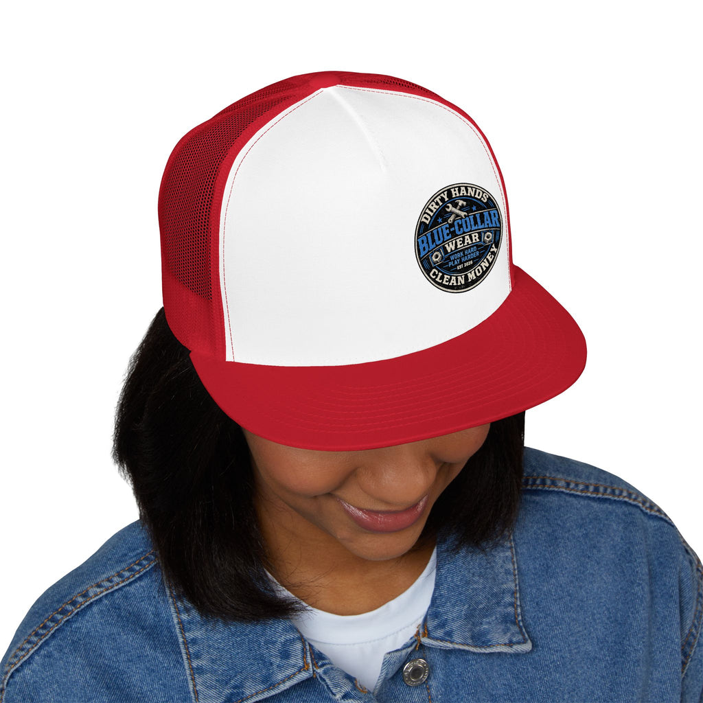 Blue-Collar Workwear Trucker Cap — "Dirty Hands Clean Money" Patch