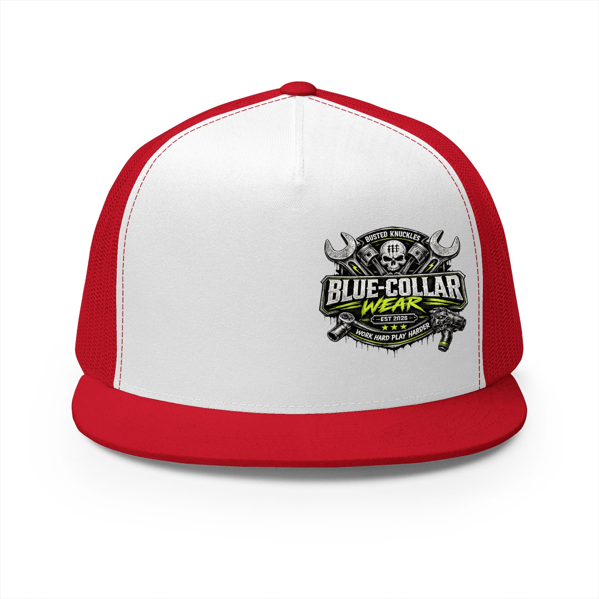 Blue Collar Wear Trucker Cap Mechanic — Workwear Skull Logo Mesh Snapback