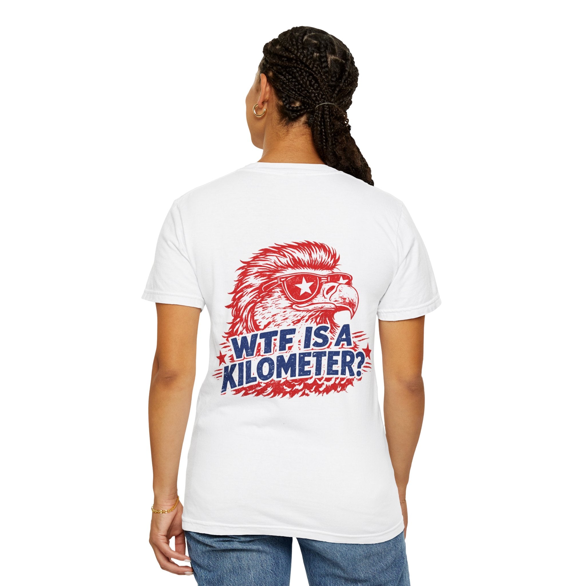 WTF Is a Kilometer? Graphic T‑Shirt — Retro Eagle Patriotic Travel Humor