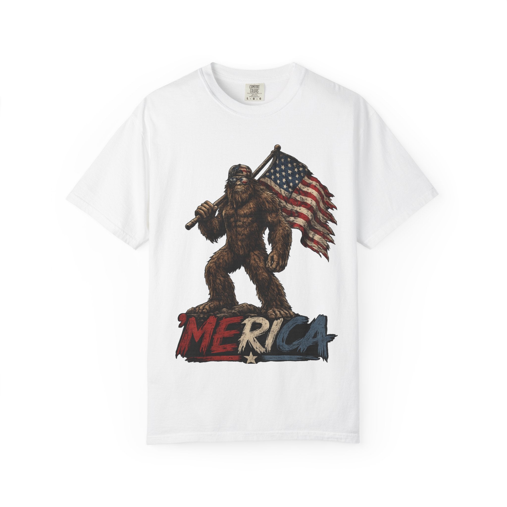 'Merica Bigfoot Flag T-Shirt — Patriotic Sasquatch Americana Tee