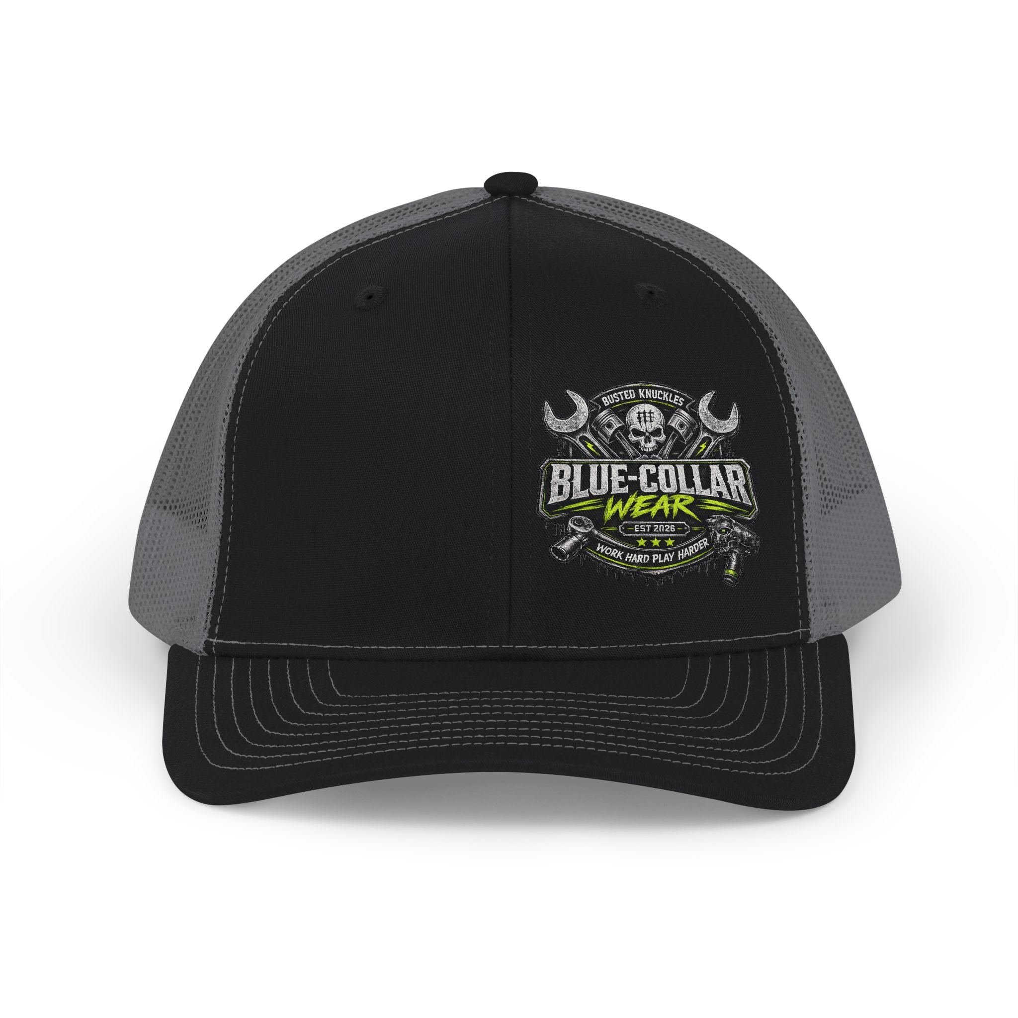 Snapback Trucker Cap Mechanic — Blue Collar Wear Skull Logo Mesh Hat