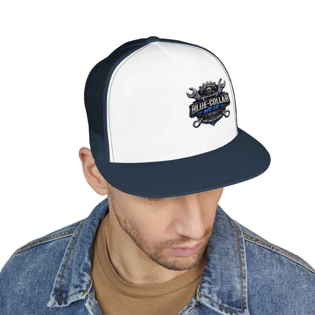 Blue-Collar Wear Trucker Cap — Vintage Mechanic Logo Snapback