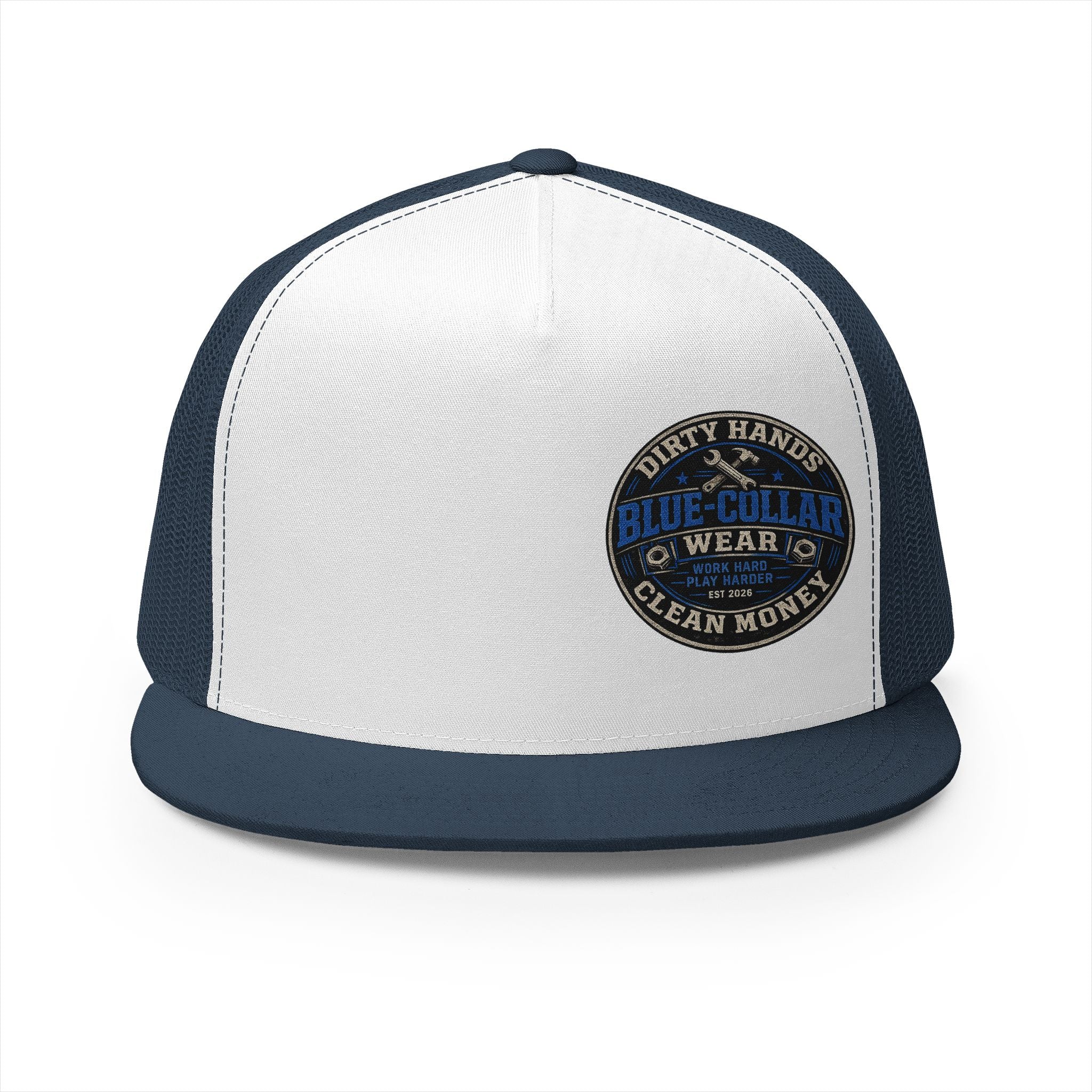 Blue-Collar Workwear Trucker Cap — "Dirty Hands Clean Money" Patch