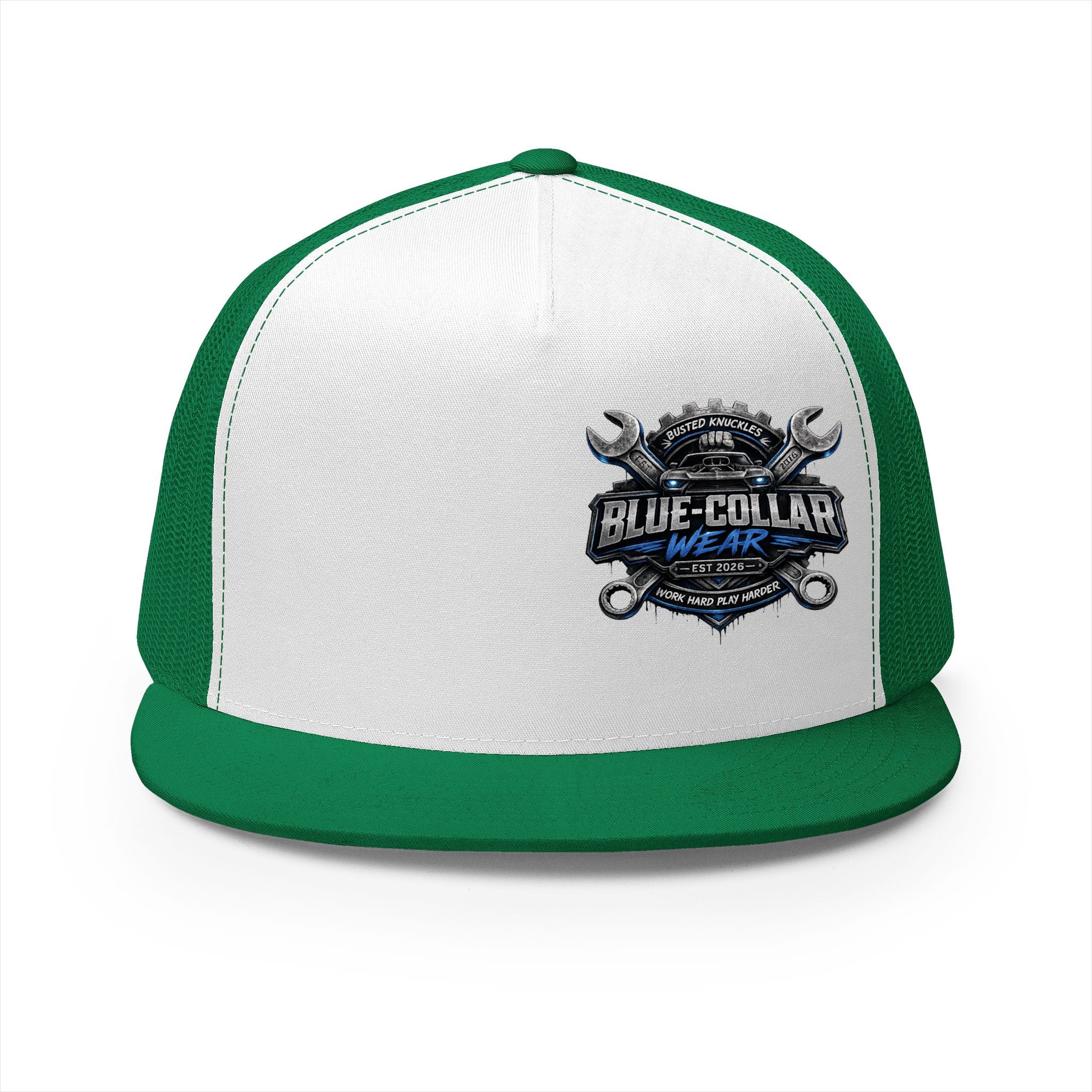 Blue-Collar Wear Trucker Cap — Vintage Mechanic Logo Snapback