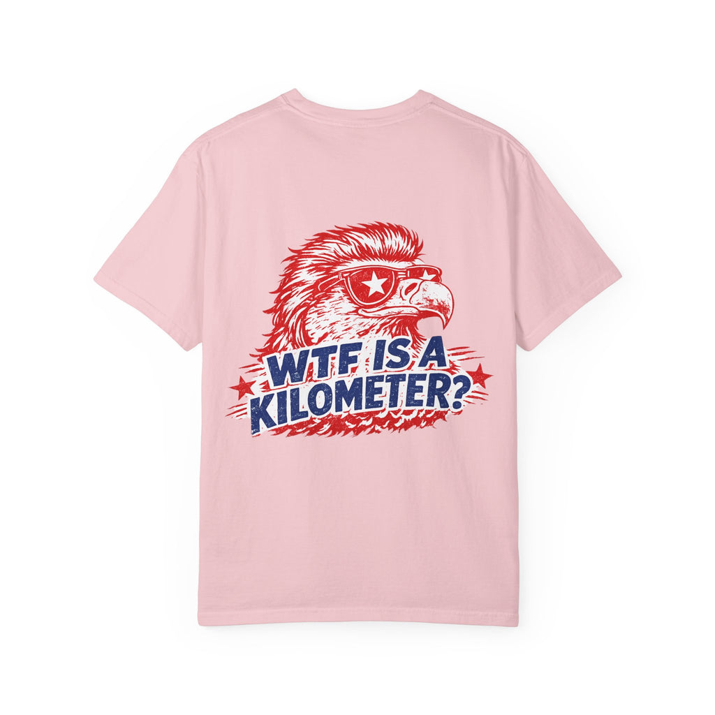 WTF Is a Kilometer? Graphic T‑Shirt — Retro Eagle Patriotic Travel Humor