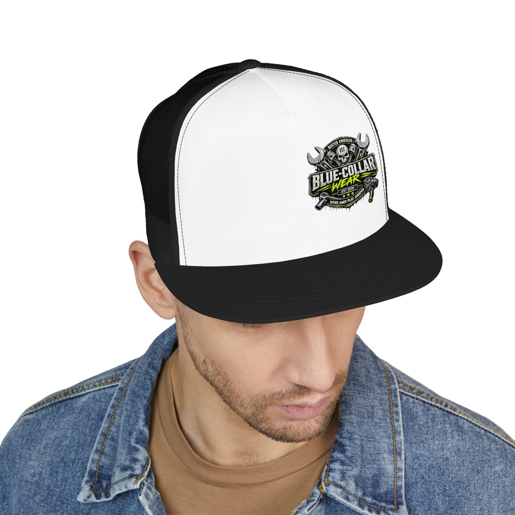 Blue Collar Wear Trucker Cap Mechanic — Workwear Skull Logo Mesh Snapback