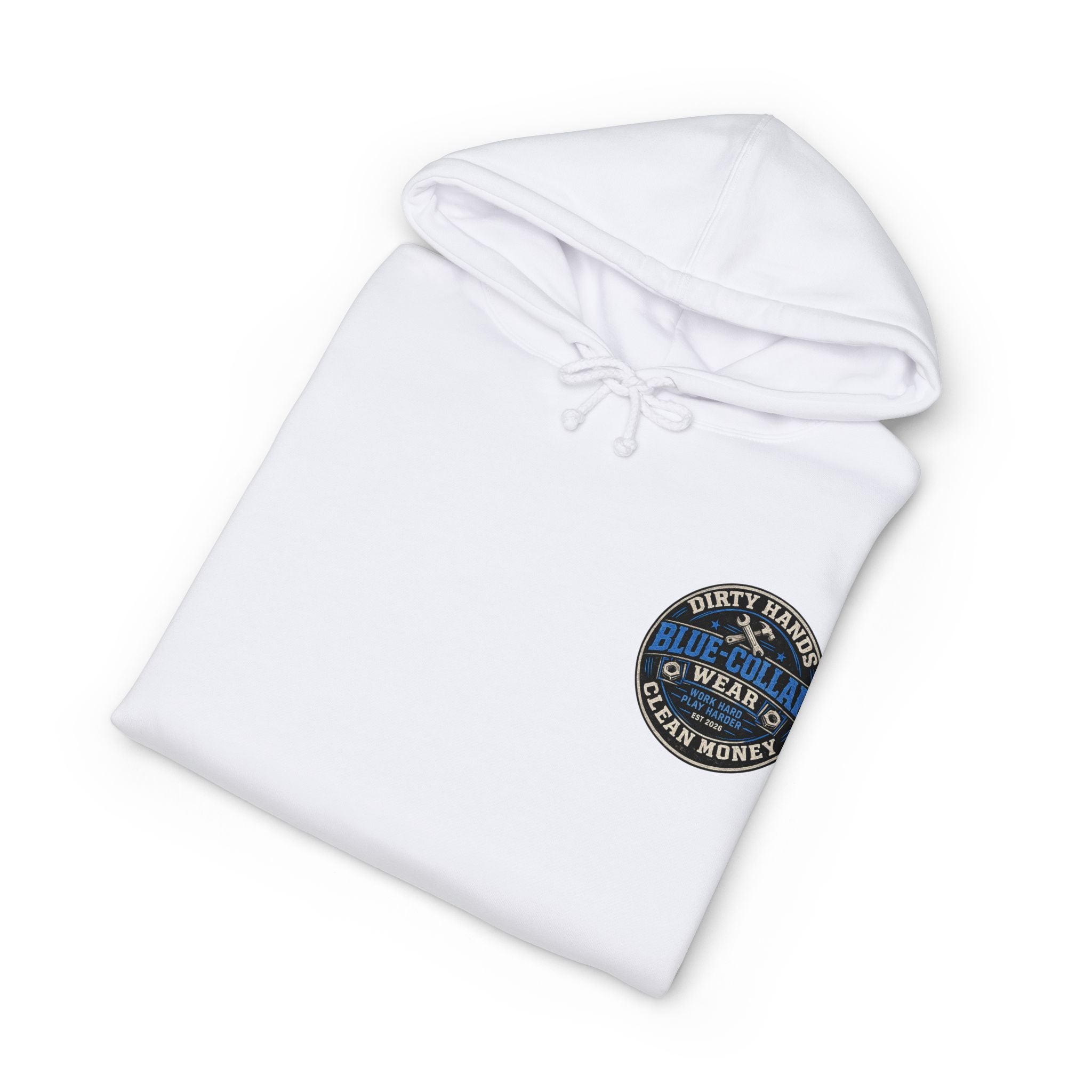 Blue-Collar Workwear Hoodie — "Dirty Hands, Clean Money" Chest & Back Graphic