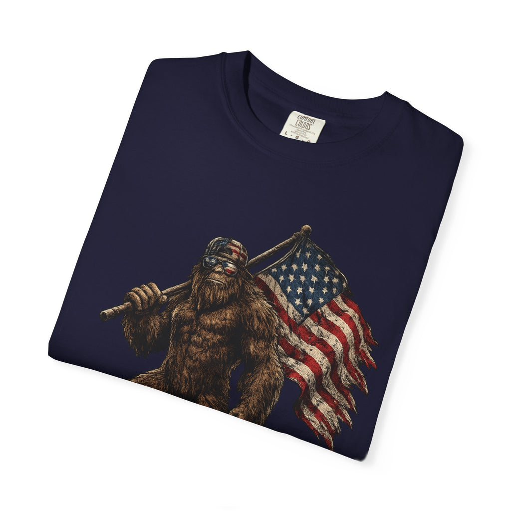 'Merica Bigfoot Flag T-Shirt — Patriotic Sasquatch Americana Tee