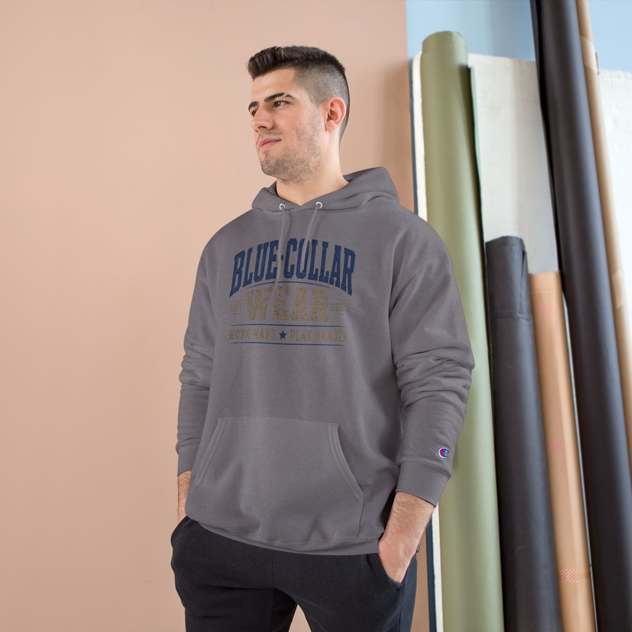 Blue-Collar Wear Hoodie — 'Work Hard, Play Harder' Champion Pullover