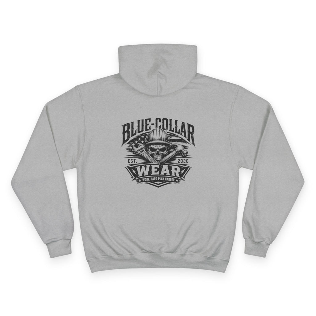 Blue-Collar Wear Hoodie — 'Work Hard, Play Harder' Champion Pullover