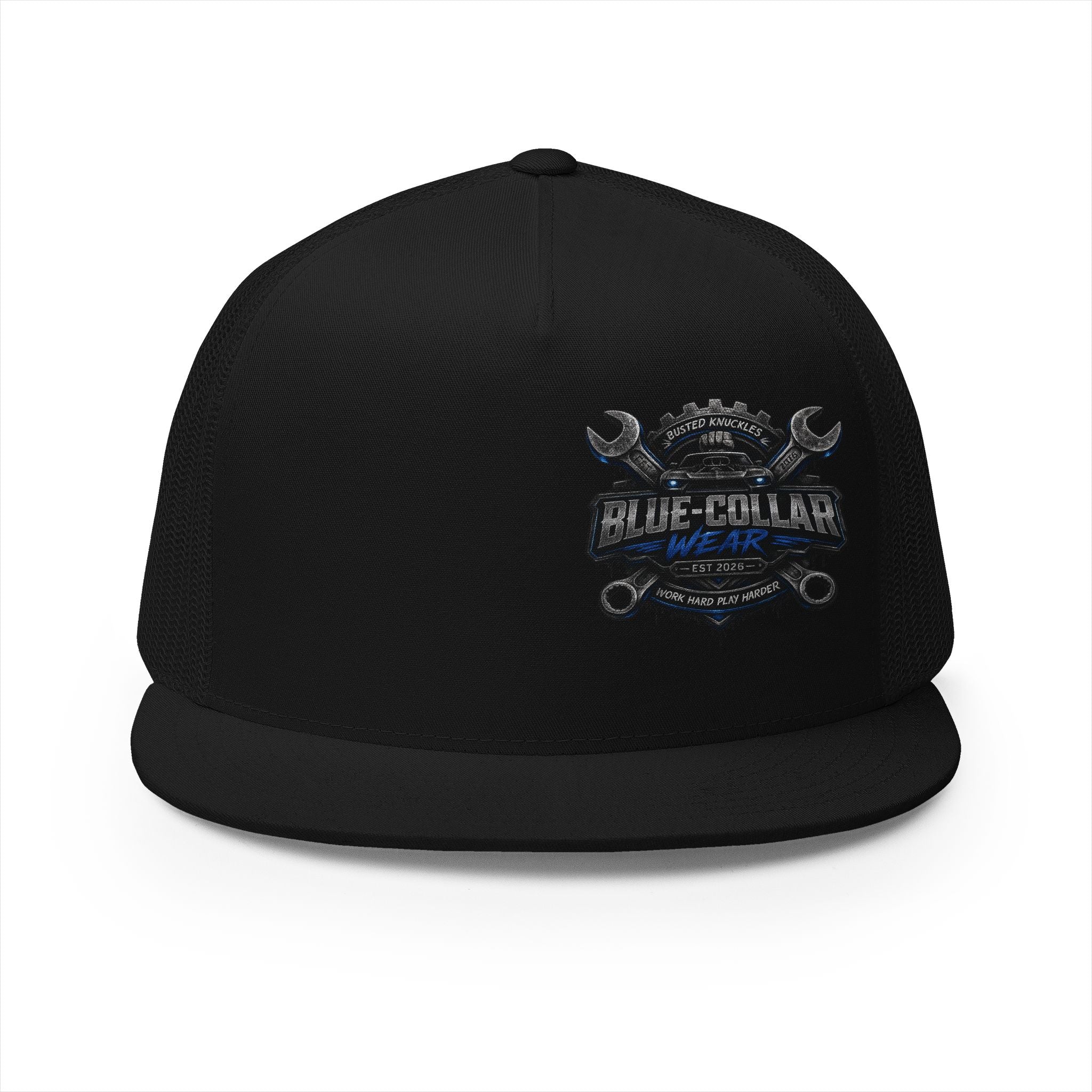 Blue-Collar Wear Trucker Cap — Vintage Mechanic Logo Snapback
