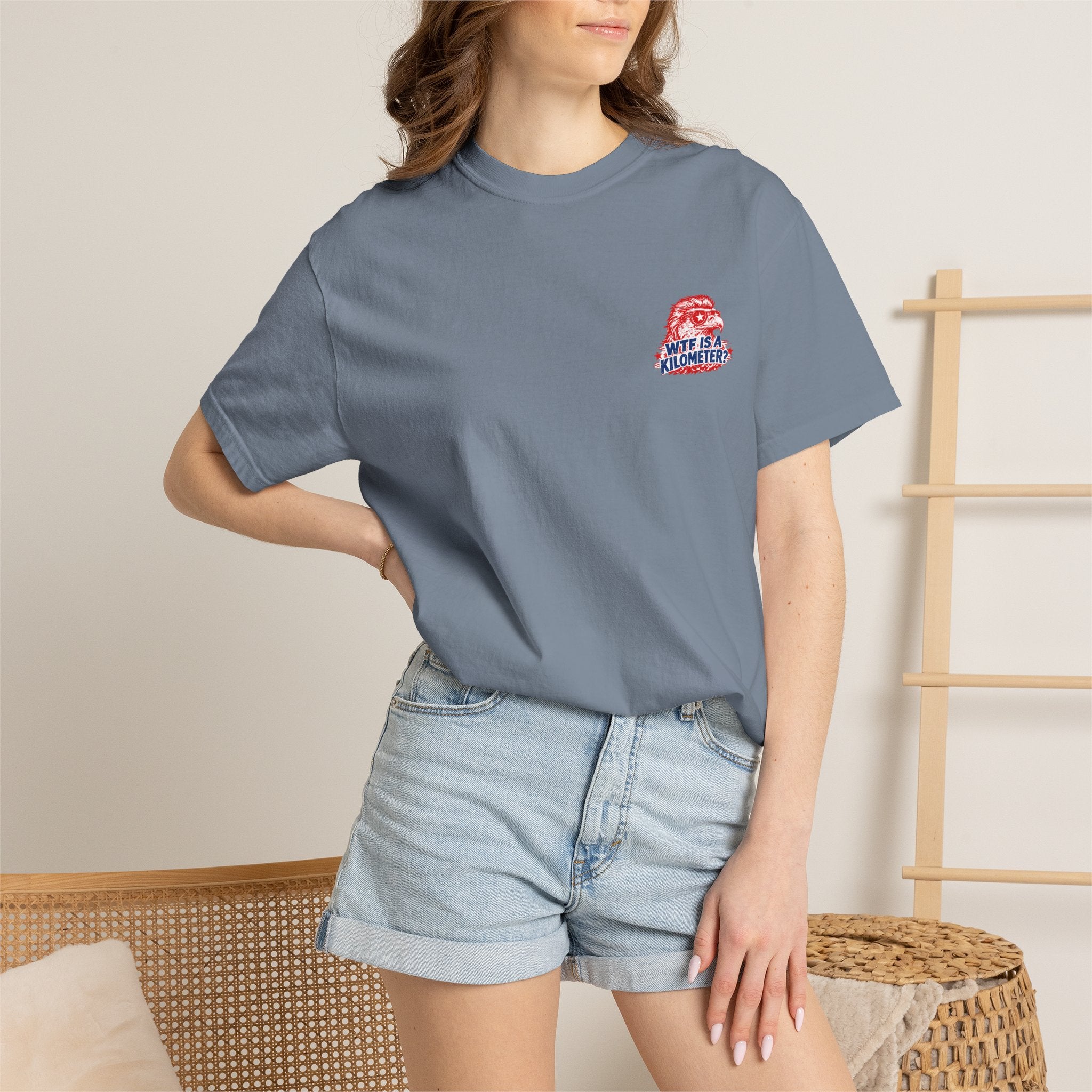 WTF Is a Kilometer? Graphic T‑Shirt — Retro Eagle Patriotic Travel Humor