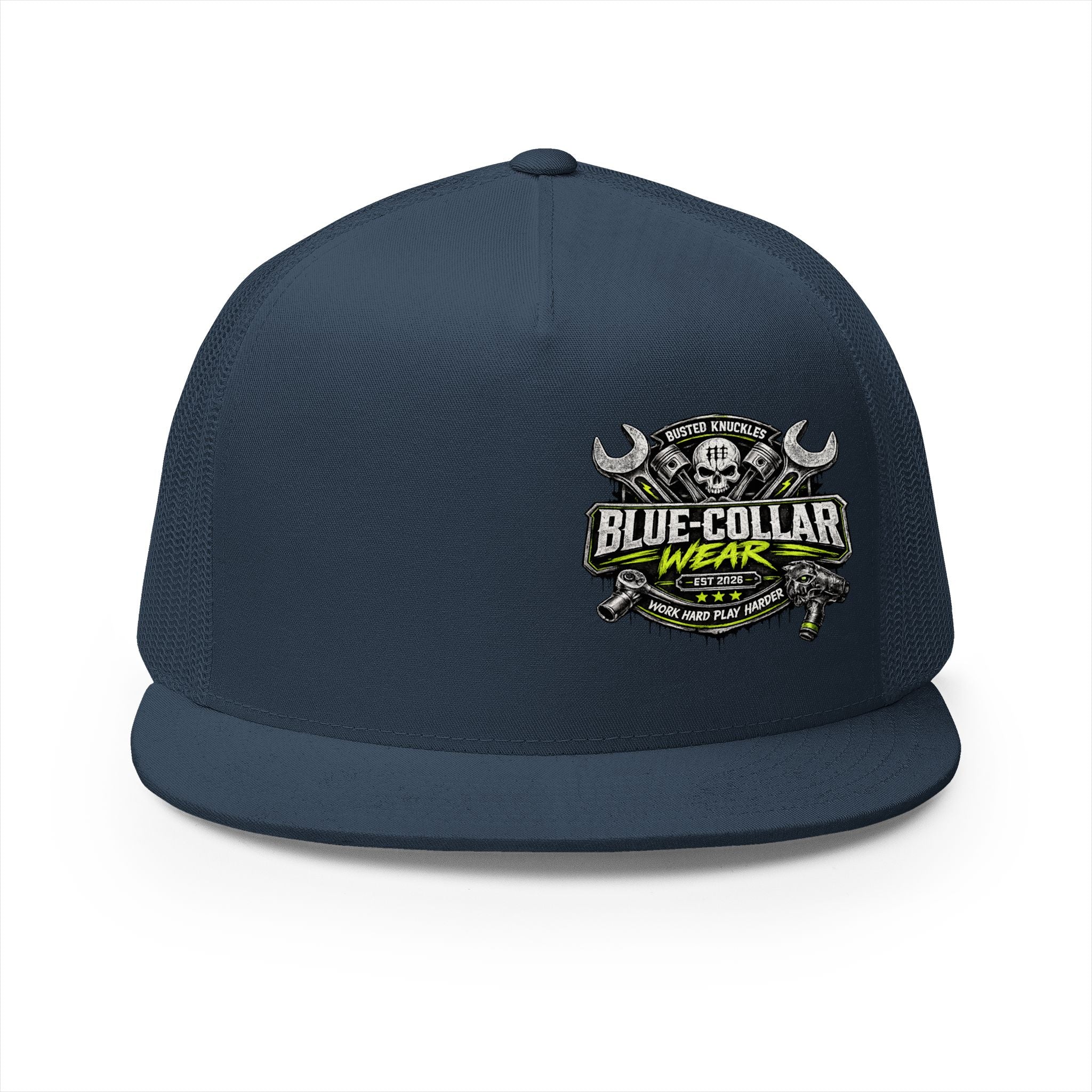 Blue Collar Wear Trucker Cap Mechanic — Workwear Skull Logo Mesh Snapback