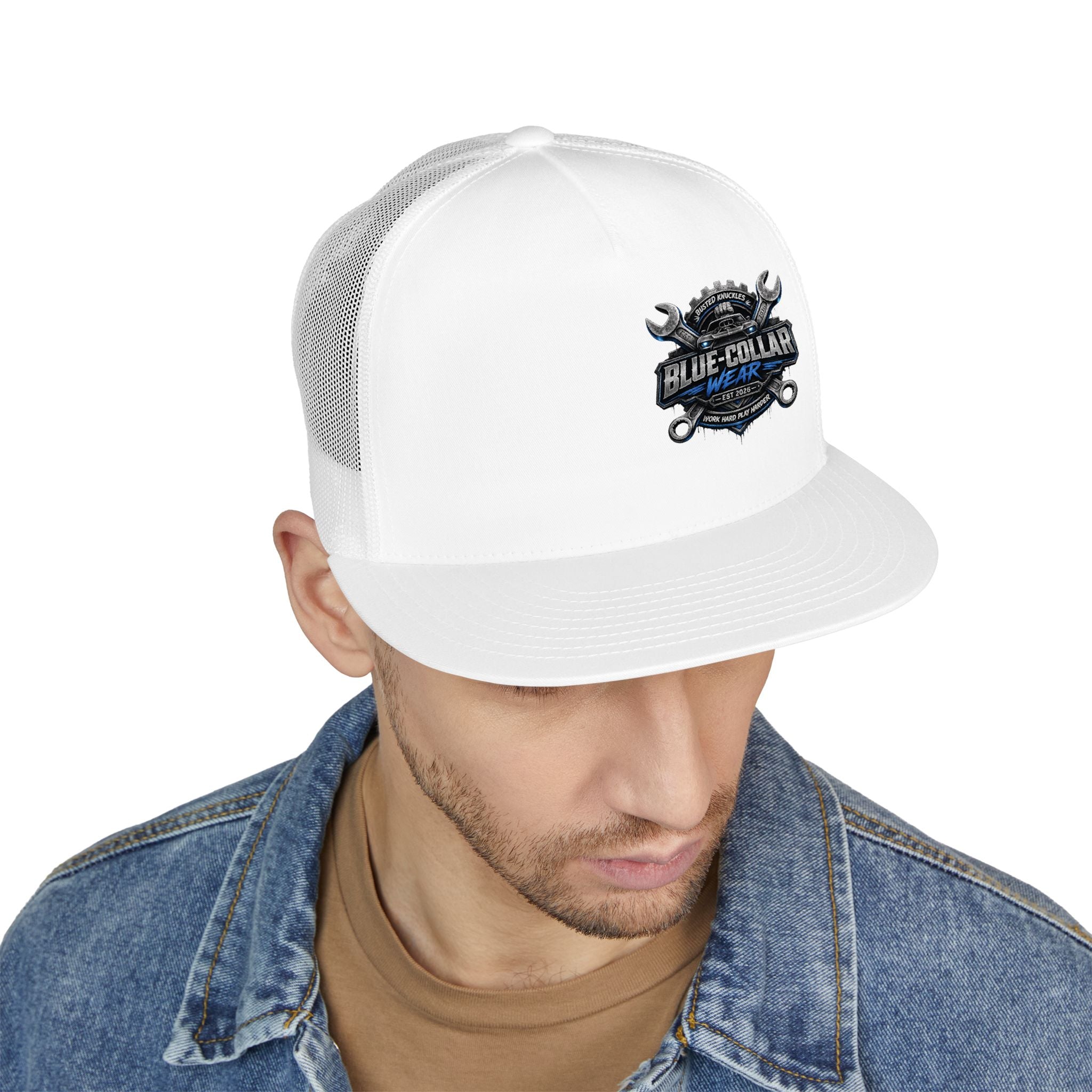 Blue-Collar Wear Trucker Cap — Vintage Mechanic Logo Snapback