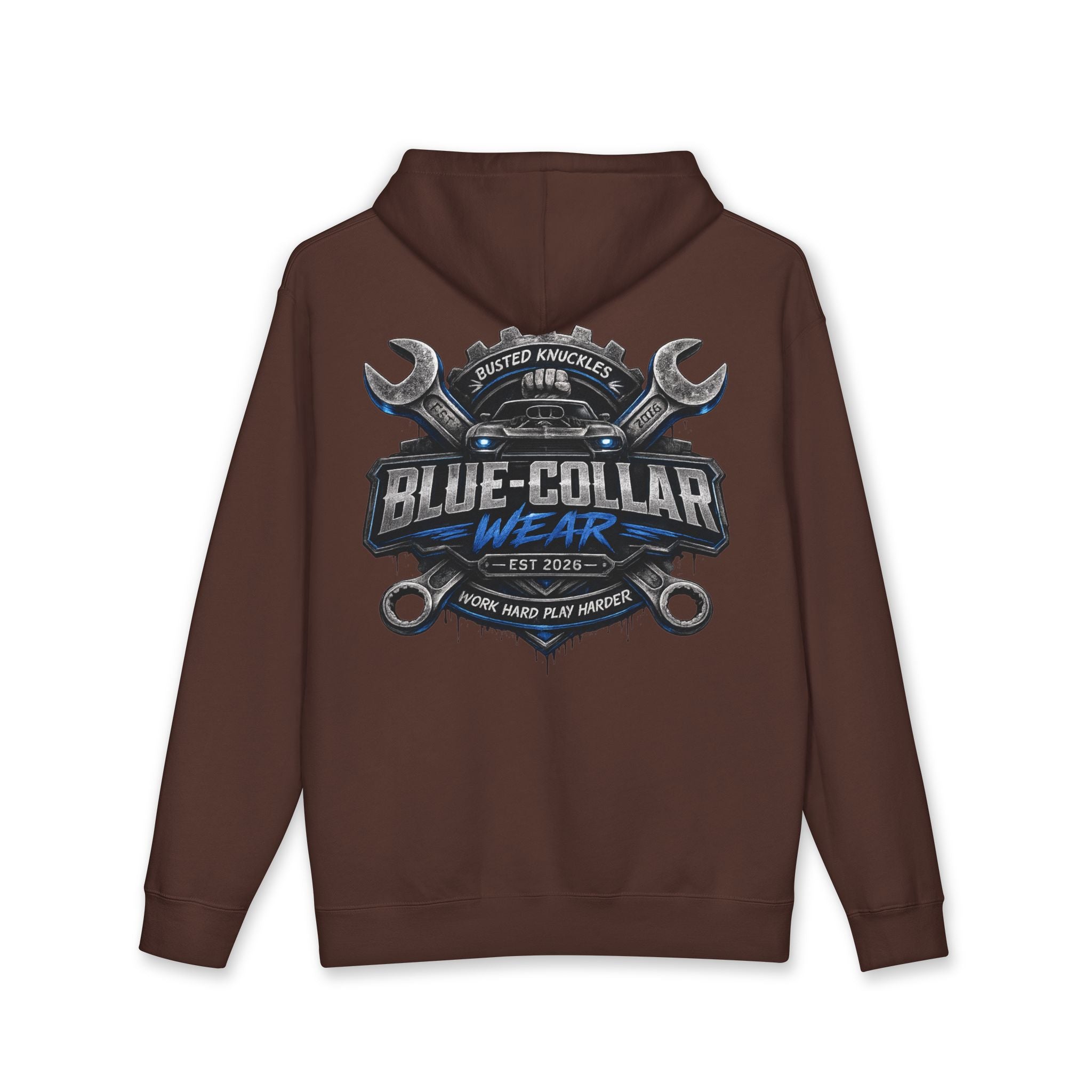 Blue-Collar Wear Hoodie — Mechanic Wrench Logo Workwear Pullover