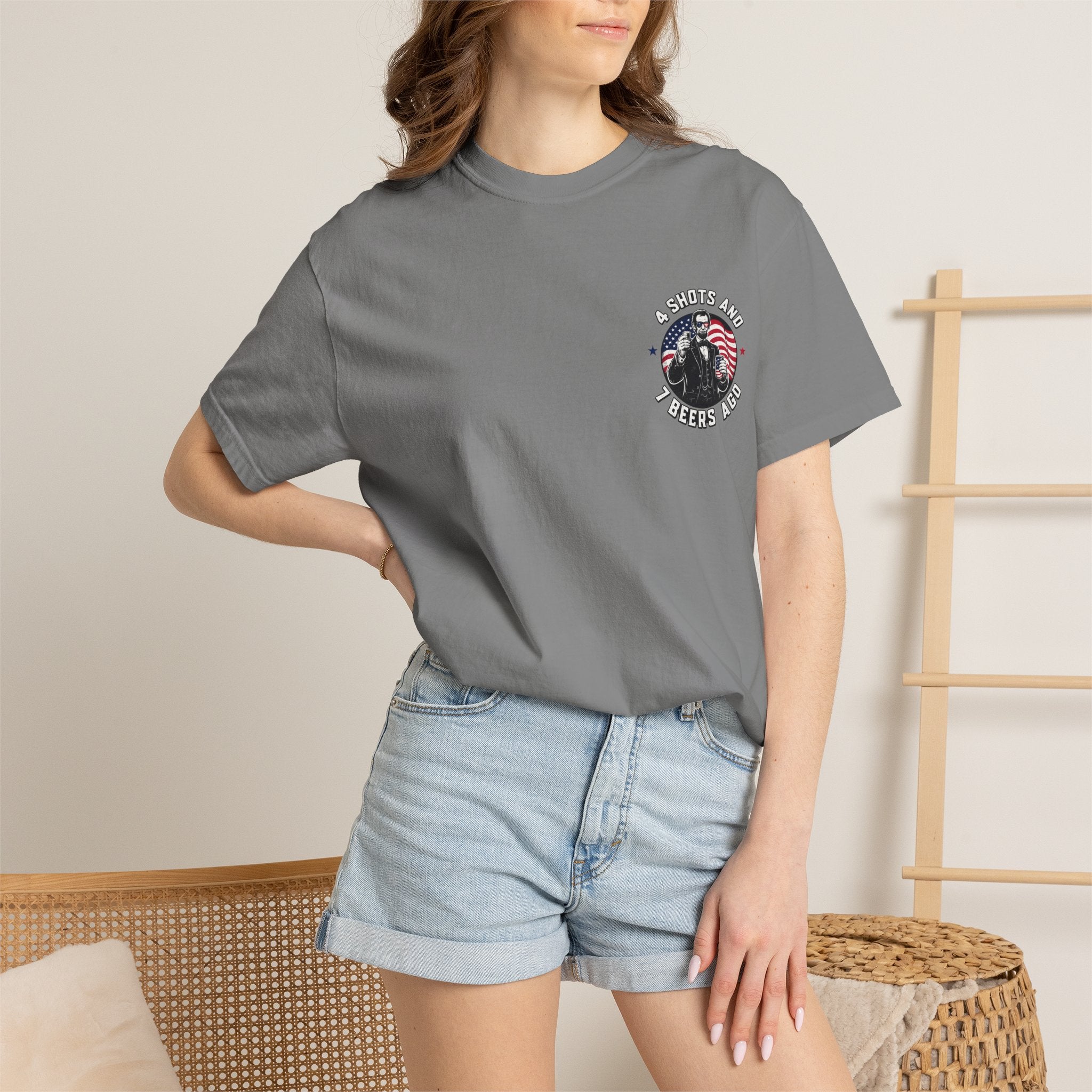 4 Shots and 7 Beers Ago T-Shirt — Patriotic Funny Lincoln Drinking Tee