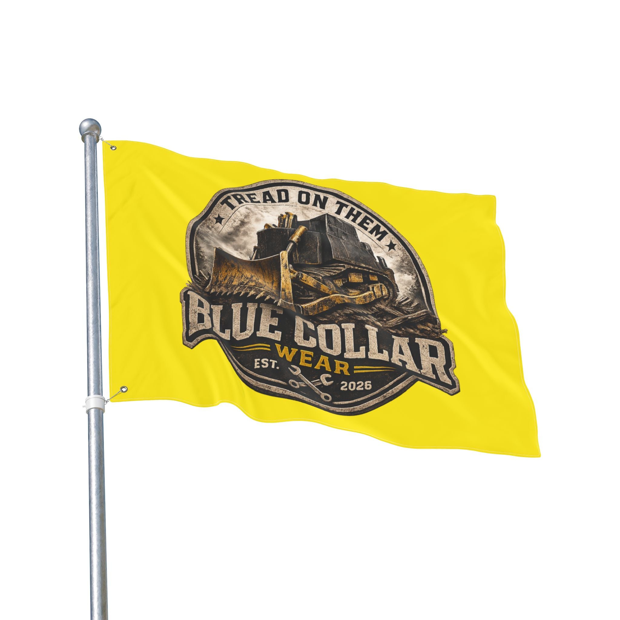 Double-Sided Flag — "Tread On Them" Blue Collar Wear Bulldozer Work Flag